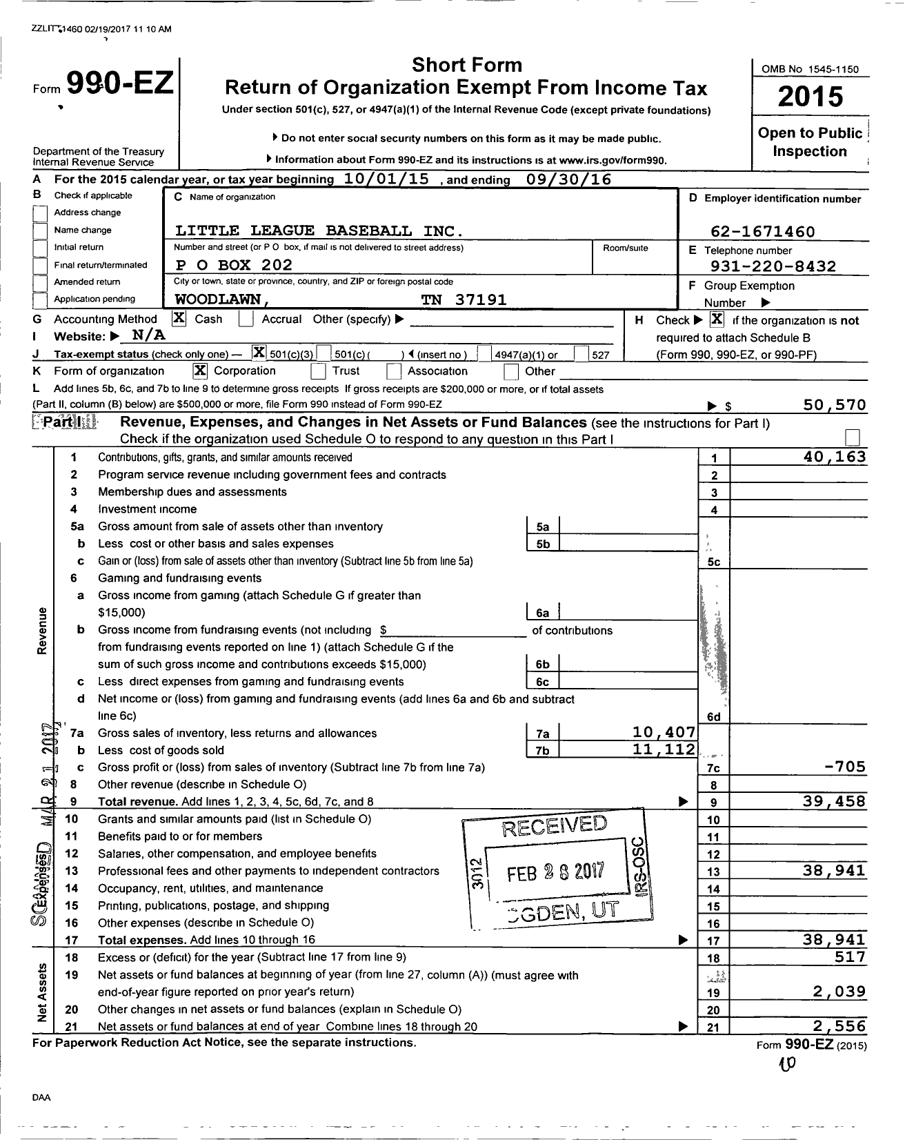 Image of first page of 2015 Form 990EZ for Little League Baseball - 3420905 Woodlawn LL