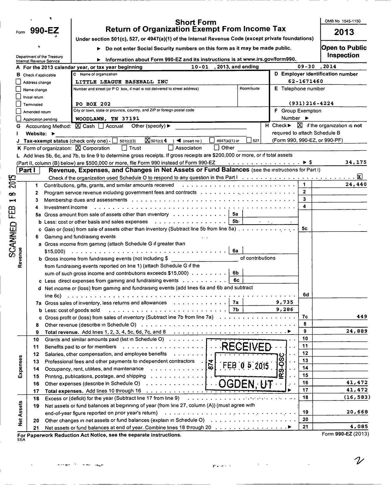 Image of first page of 2013 Form 990EO for Little League Baseball - 3420905 Woodlawn LL