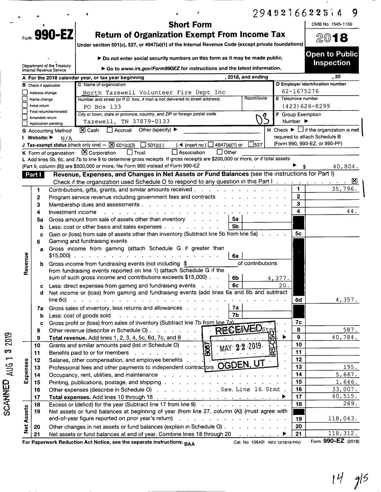 Image of first page of 2018 Form 990EZ for North Tazewell Volunteer Fire Dept