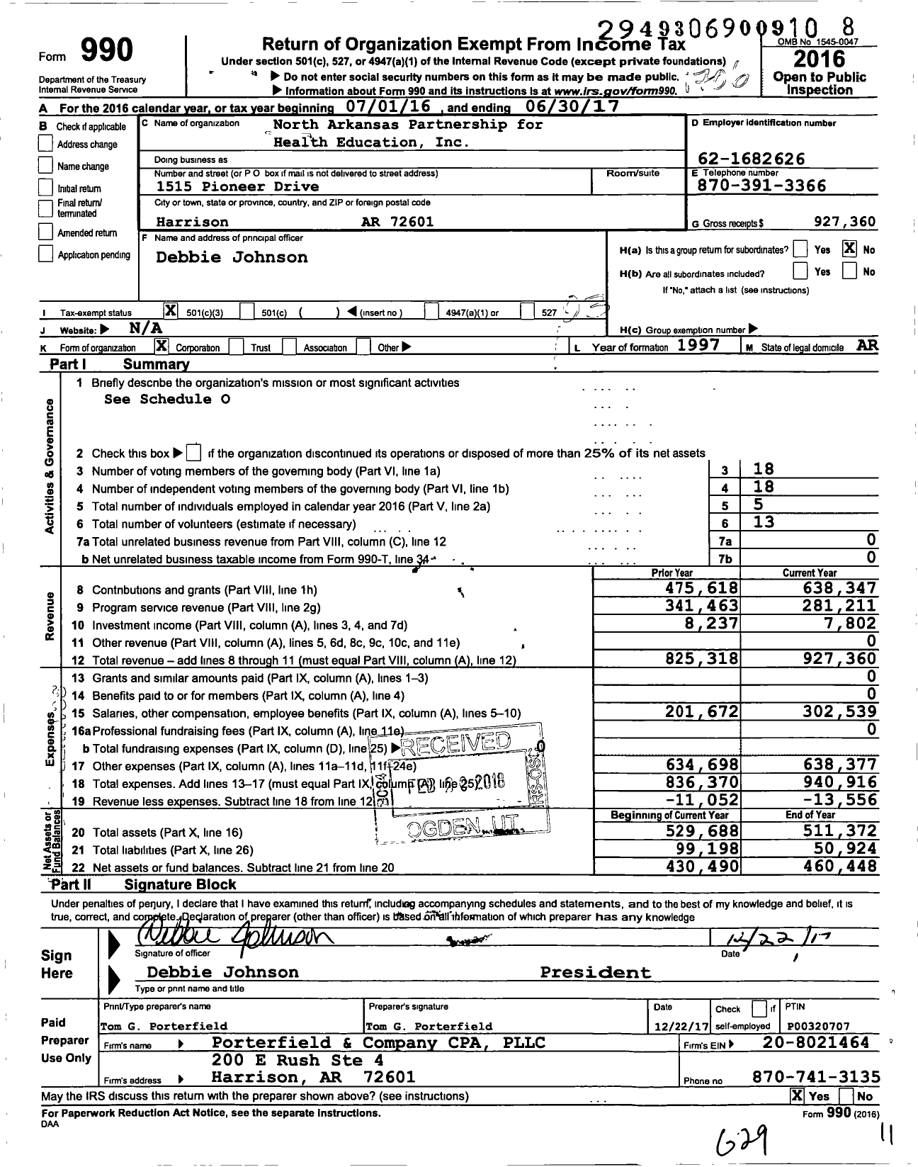 Image of first page of 2016 Form 990 for North Arkansas Partnership for Health Education