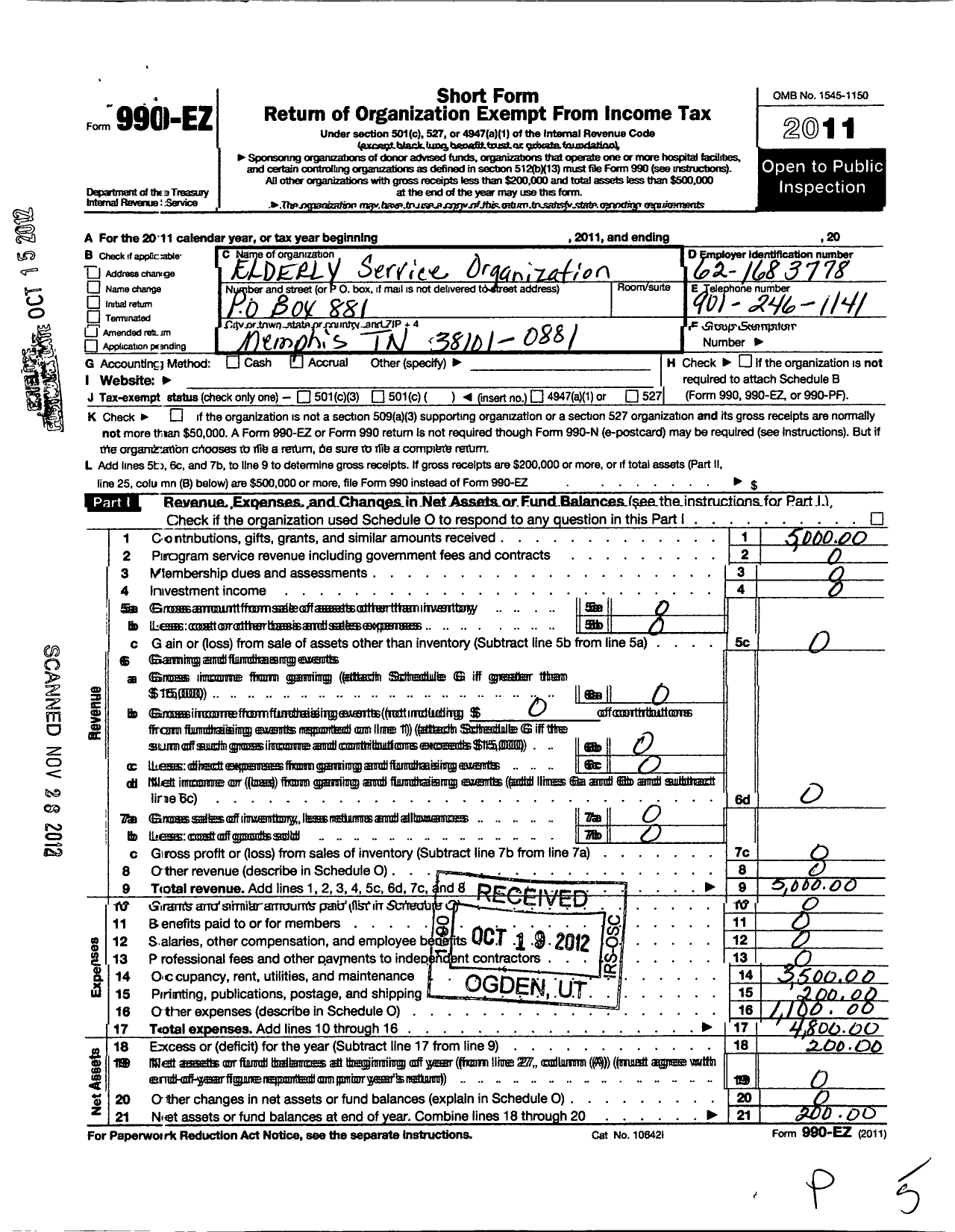 Image of first page of 2011 Form 990EO for Elderly Service Organization