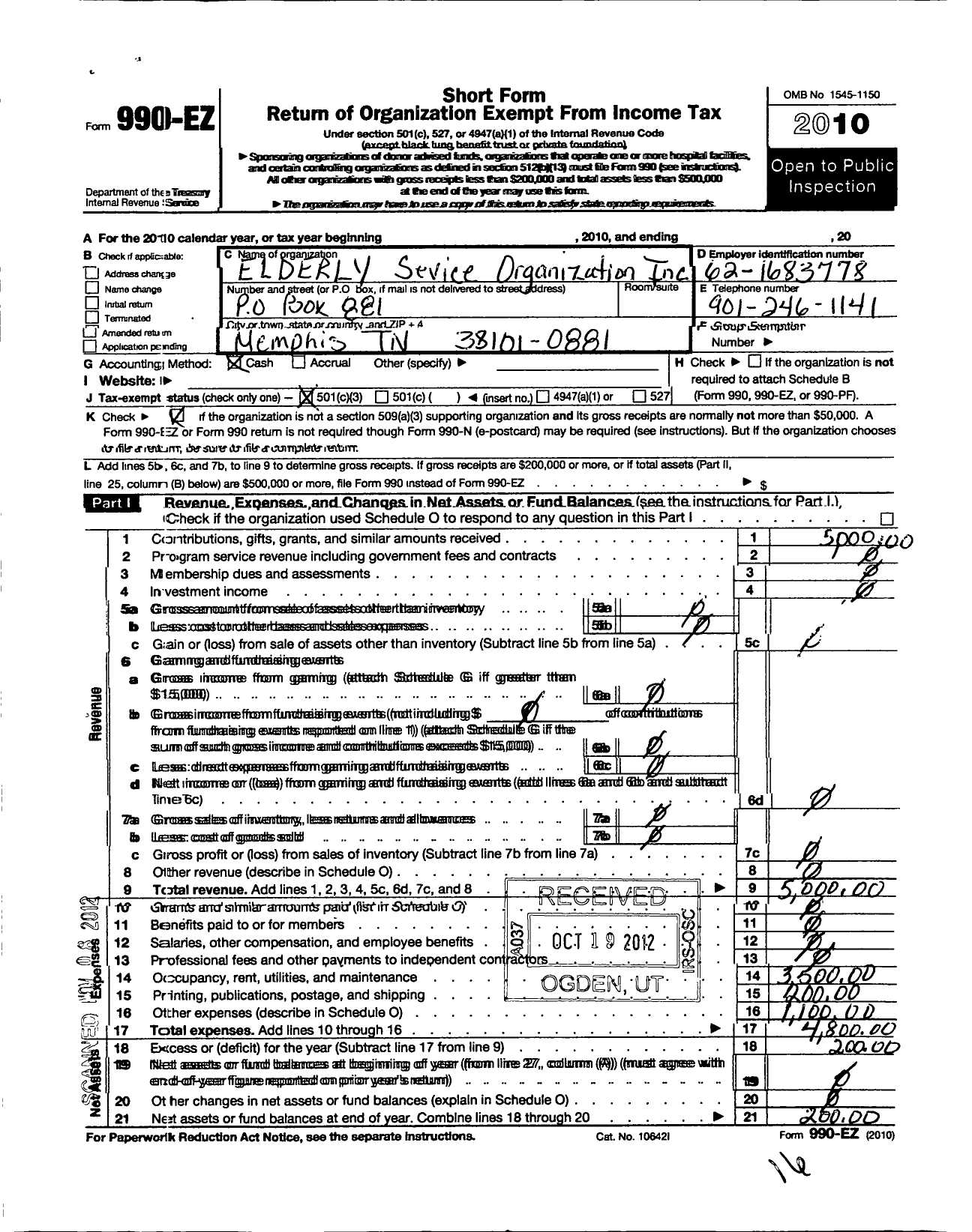 Image of first page of 2010 Form 990EZ for Elderly Service Organization