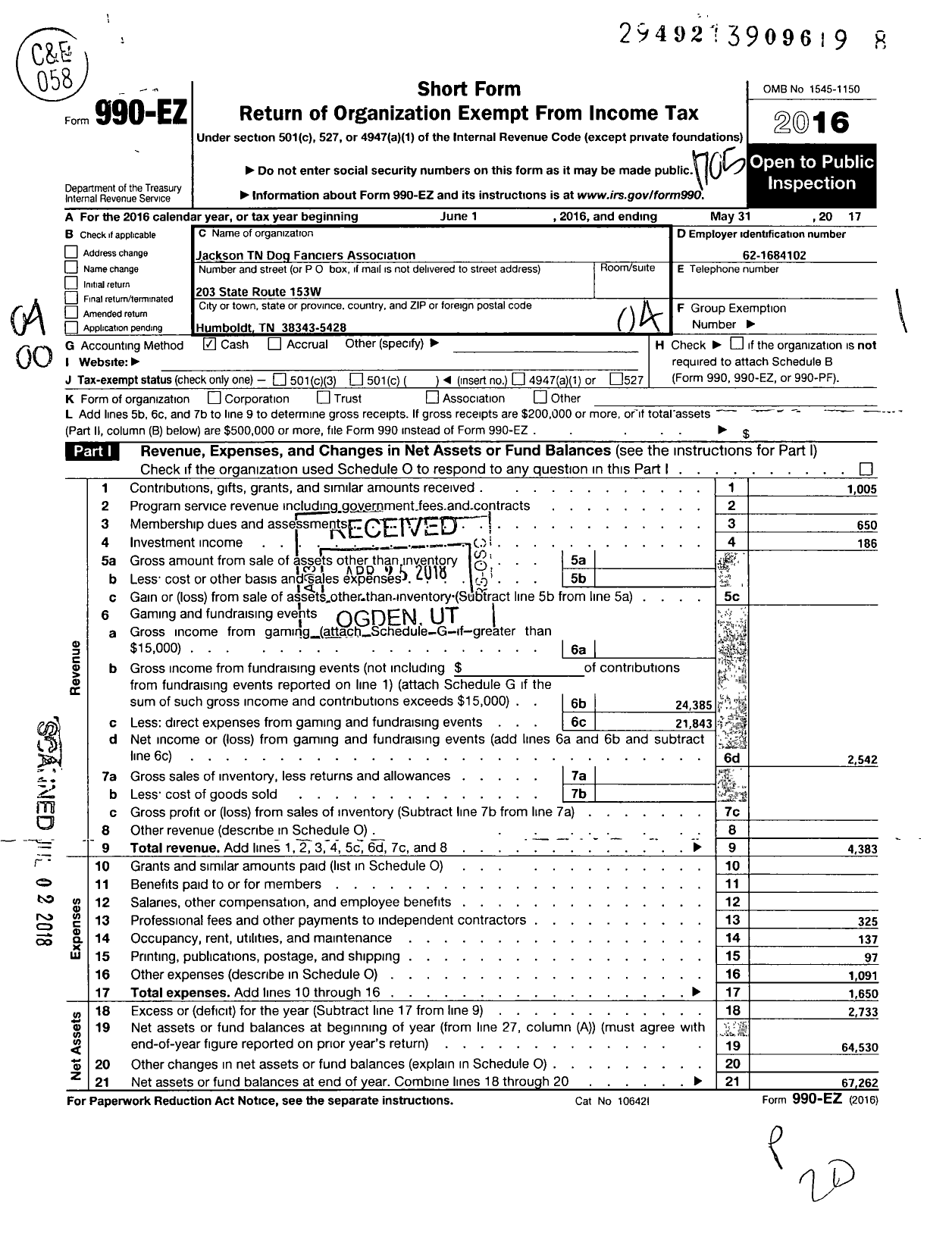 Image of first page of 2016 Form 990EO for Jackson TN Dog Fanciers Association