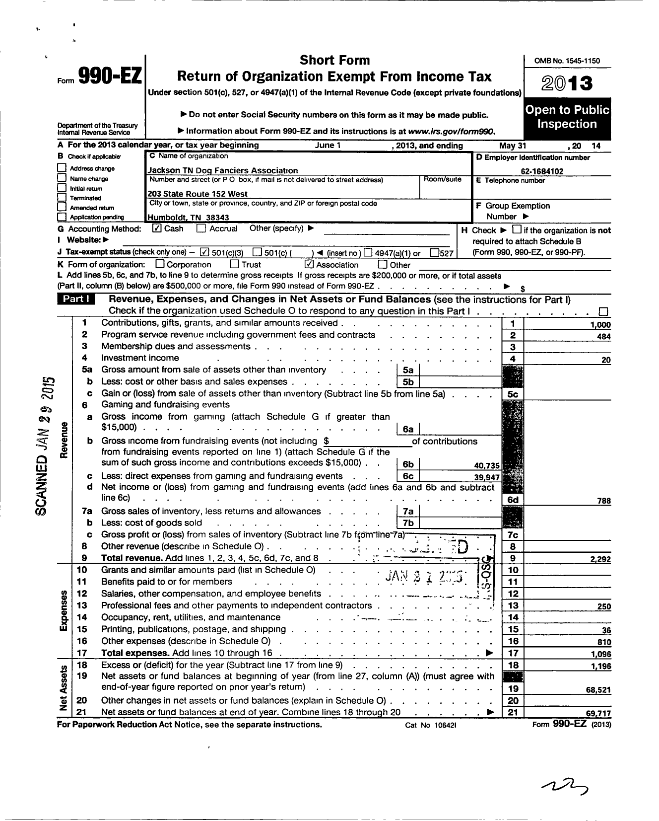 Image of first page of 2013 Form 990EZ for Jackson TN Dog Fanciers Association