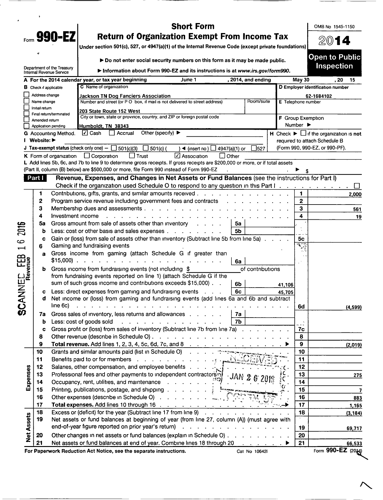 Image of first page of 2014 Form 990EO for Jackson TN Dog Fanciers Association