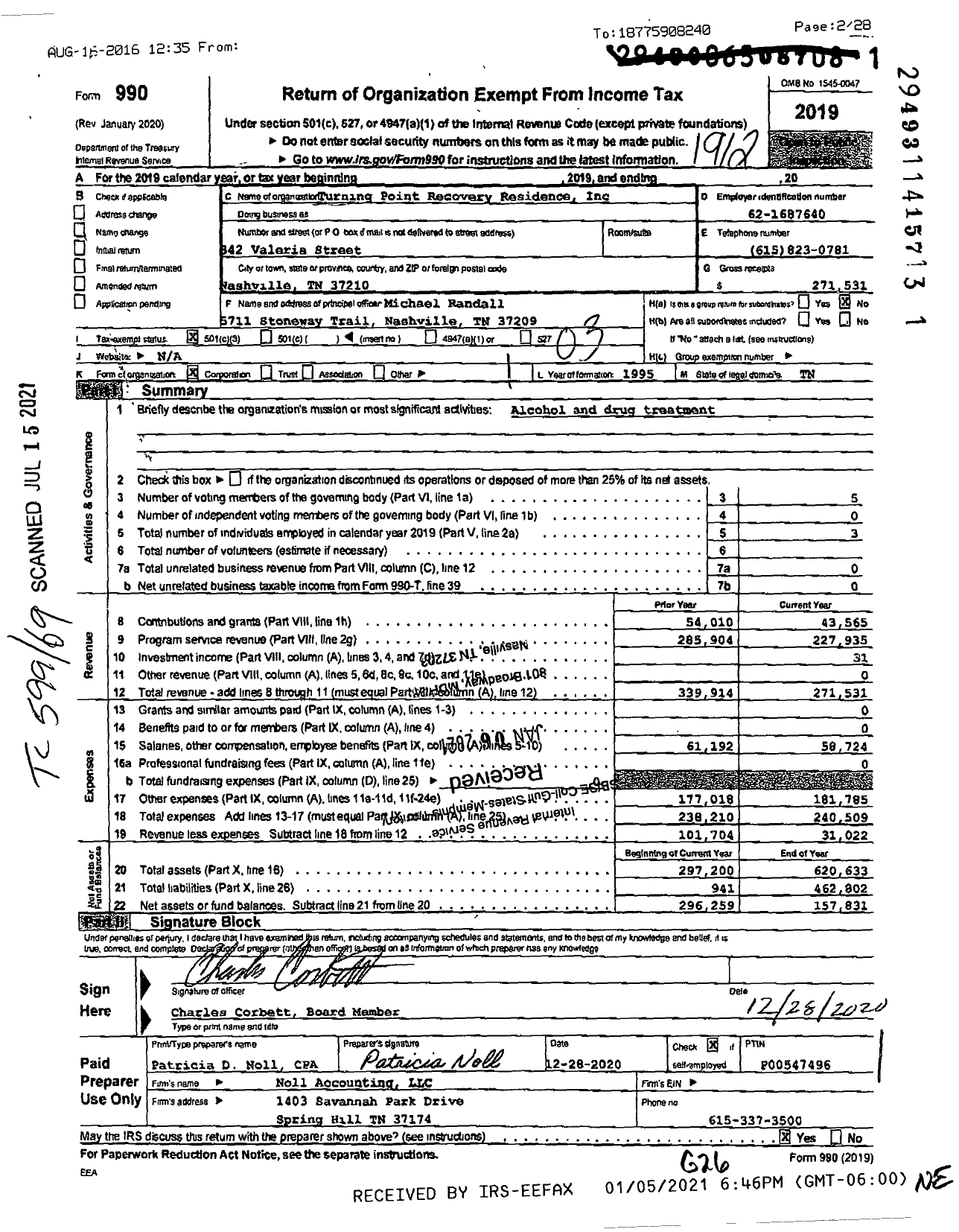 Image of first page of 2019 Form 990 for Turning Point Recovery Residence