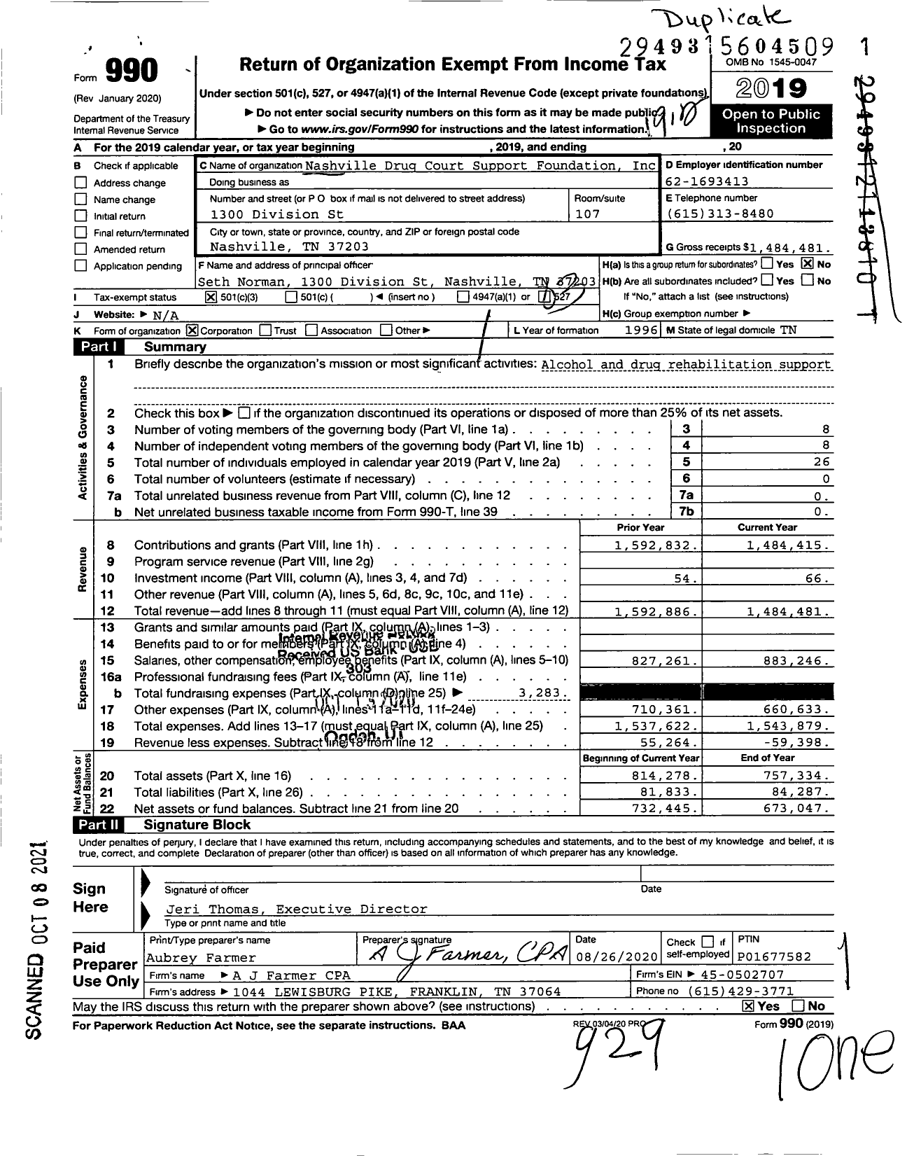 Image of first page of 2019 Form 990 for Nashville Recovery Court Support Foundation