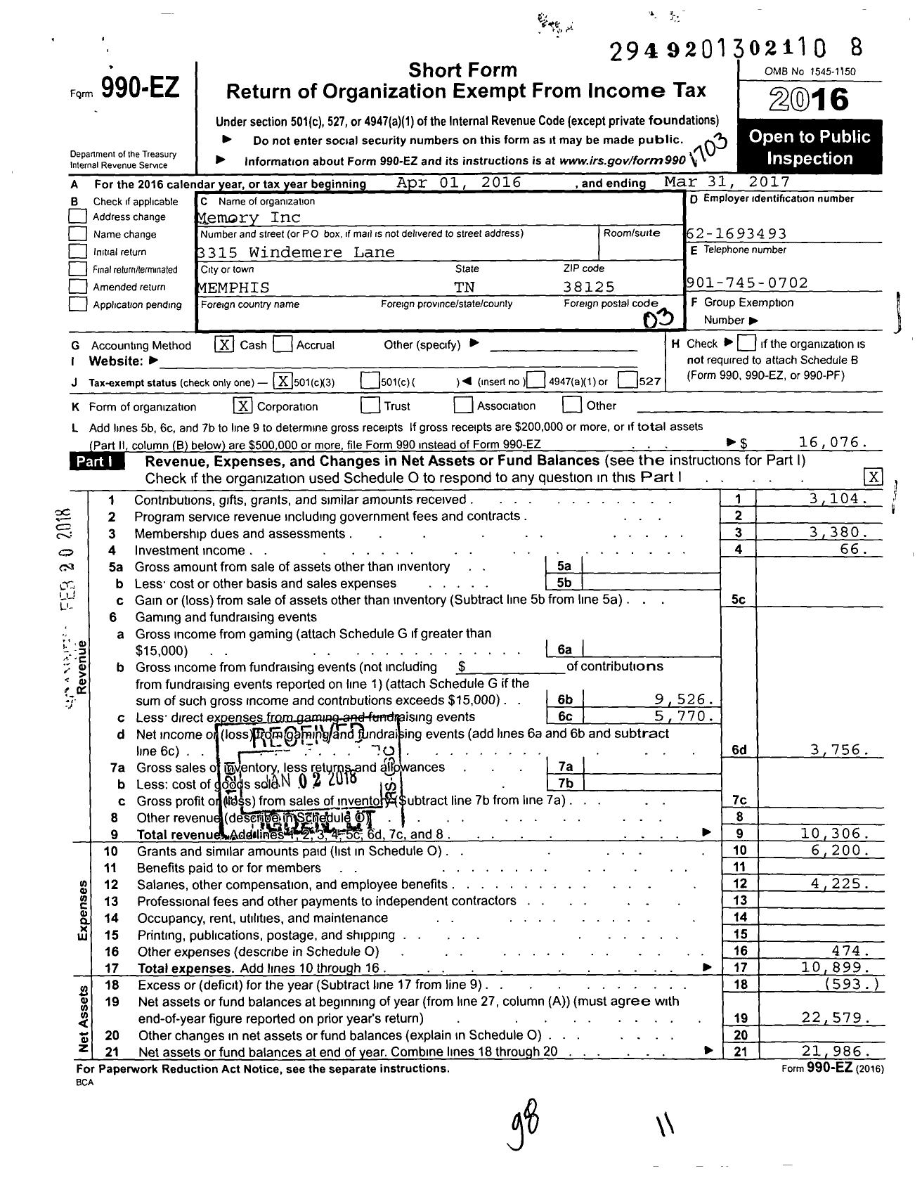 Image of first page of 2016 Form 990EZ for Memory