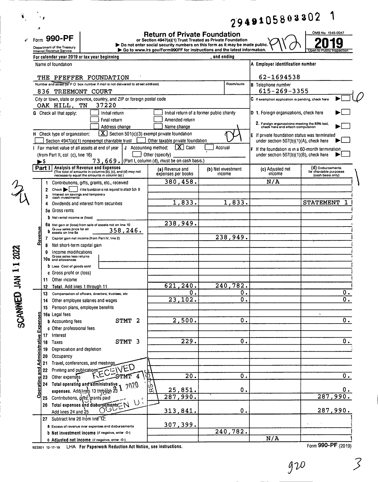 Image of first page of 2019 Form 990PF for The Pfeffer Foundation