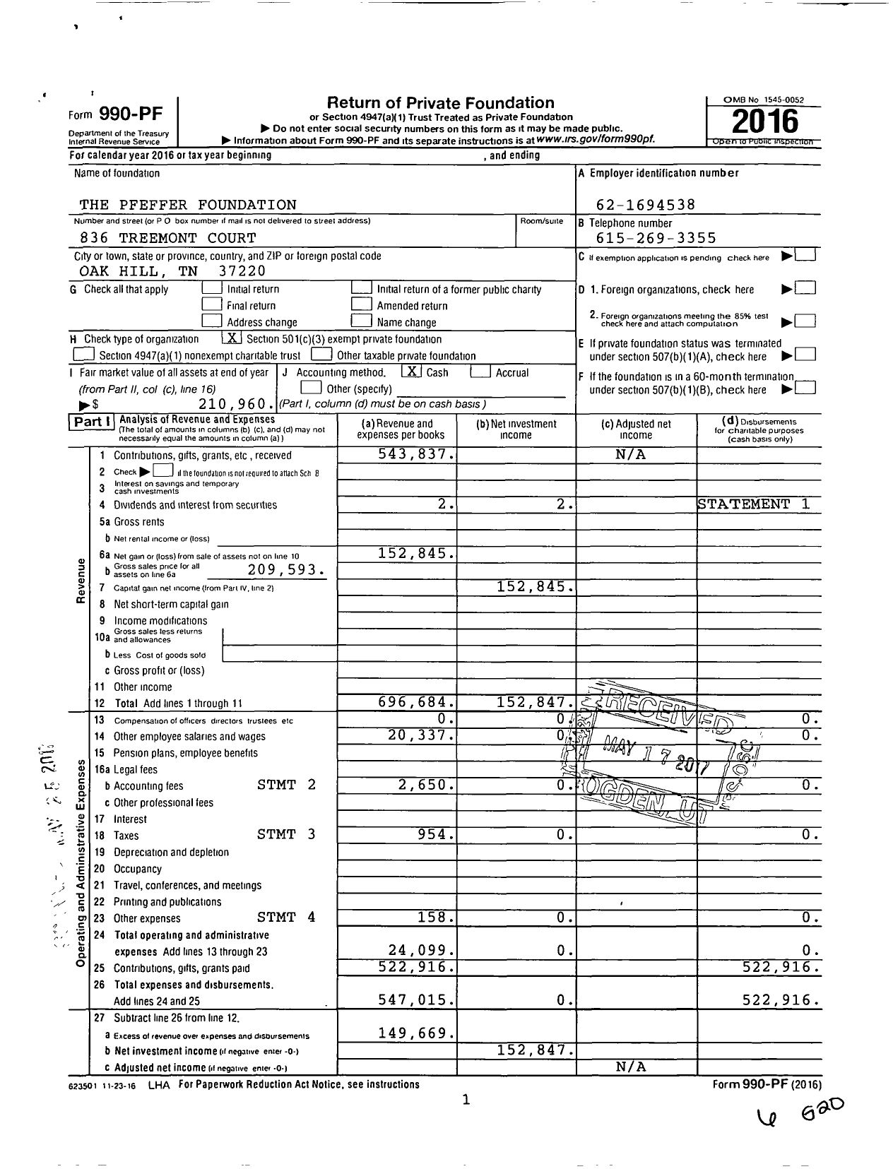 Image of first page of 2016 Form 990PF for The Pfeffer Foundation