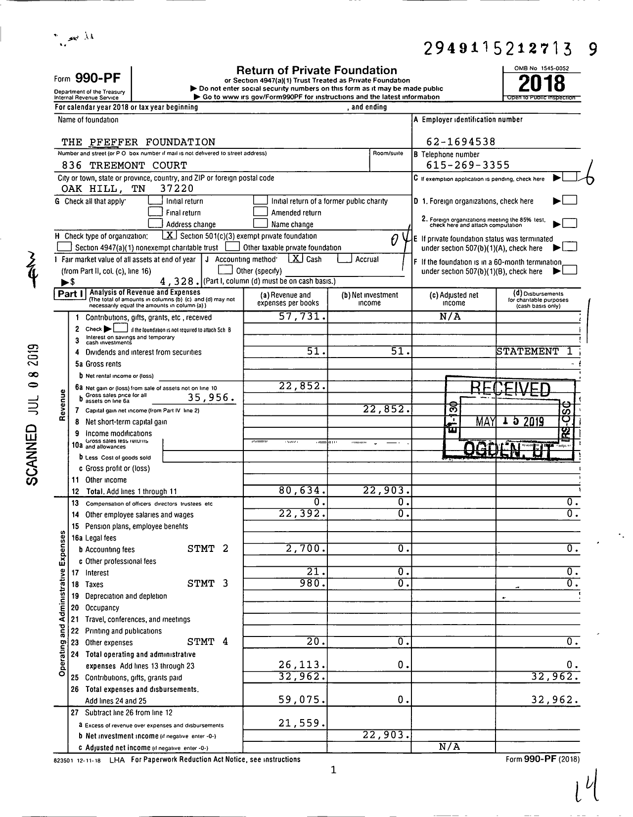 Image of first page of 2018 Form 990PF for The Pfeffer Foundation