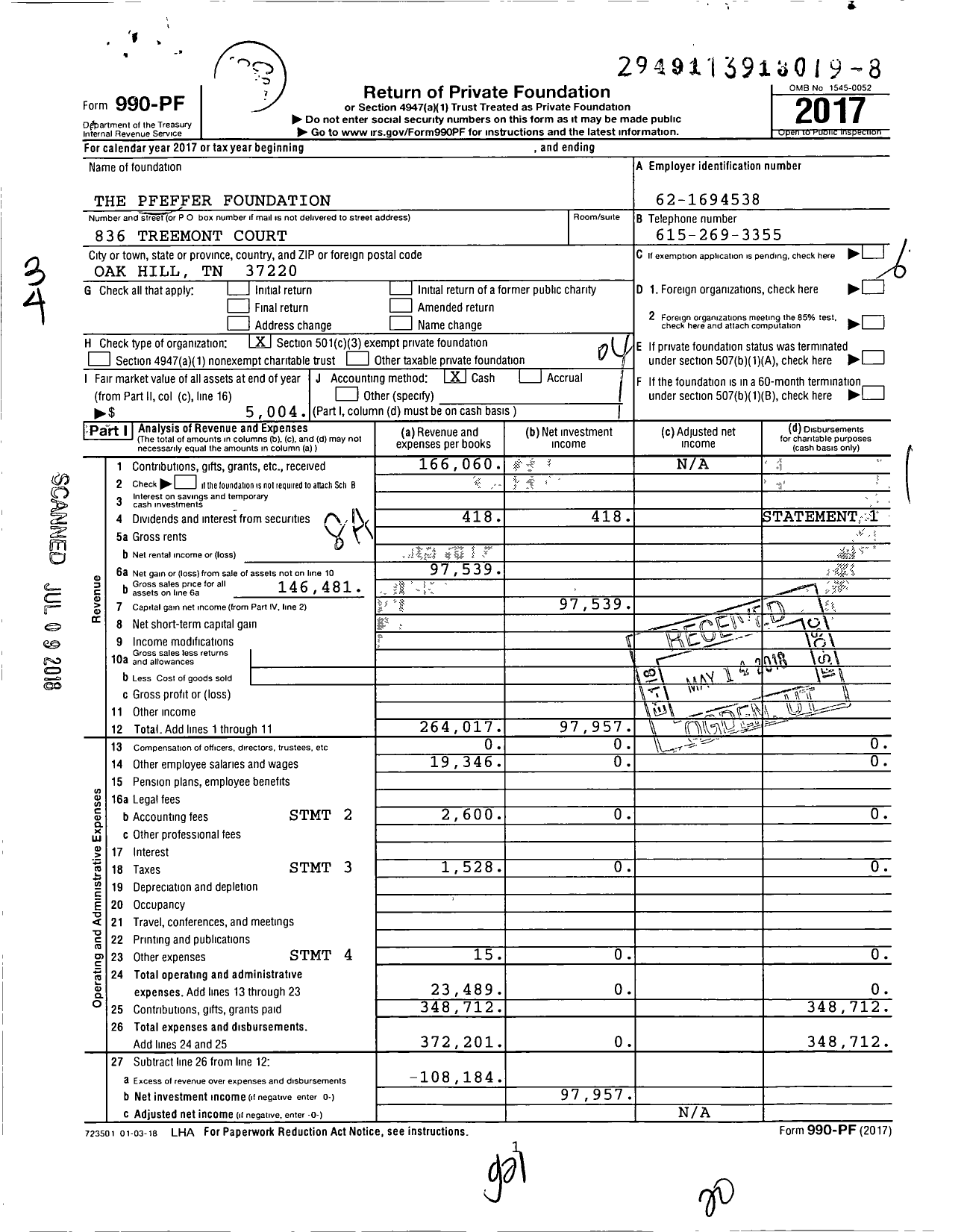 Image of first page of 2017 Form 990PF for The Pfeffer Foundation