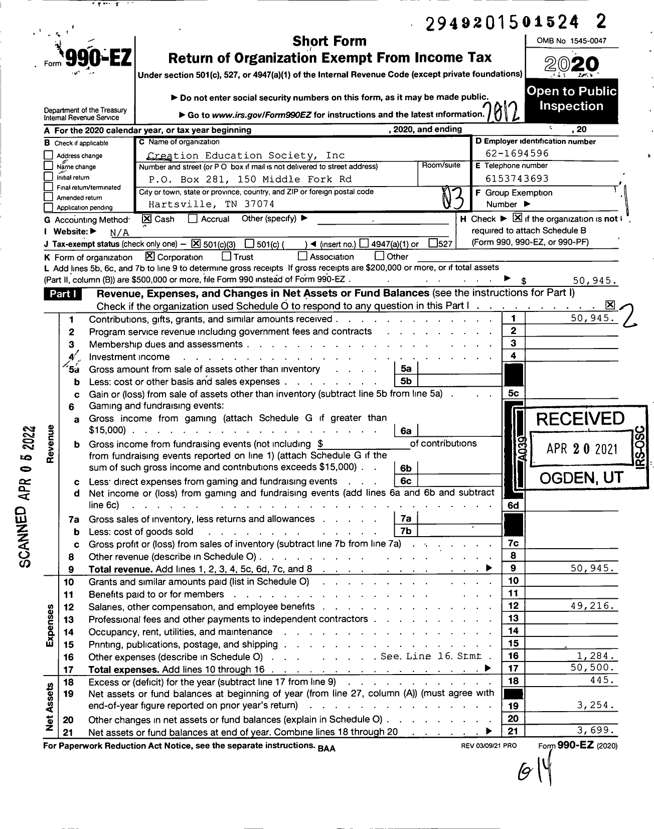 Image of first page of 2020 Form 990EZ for Creation Education Society