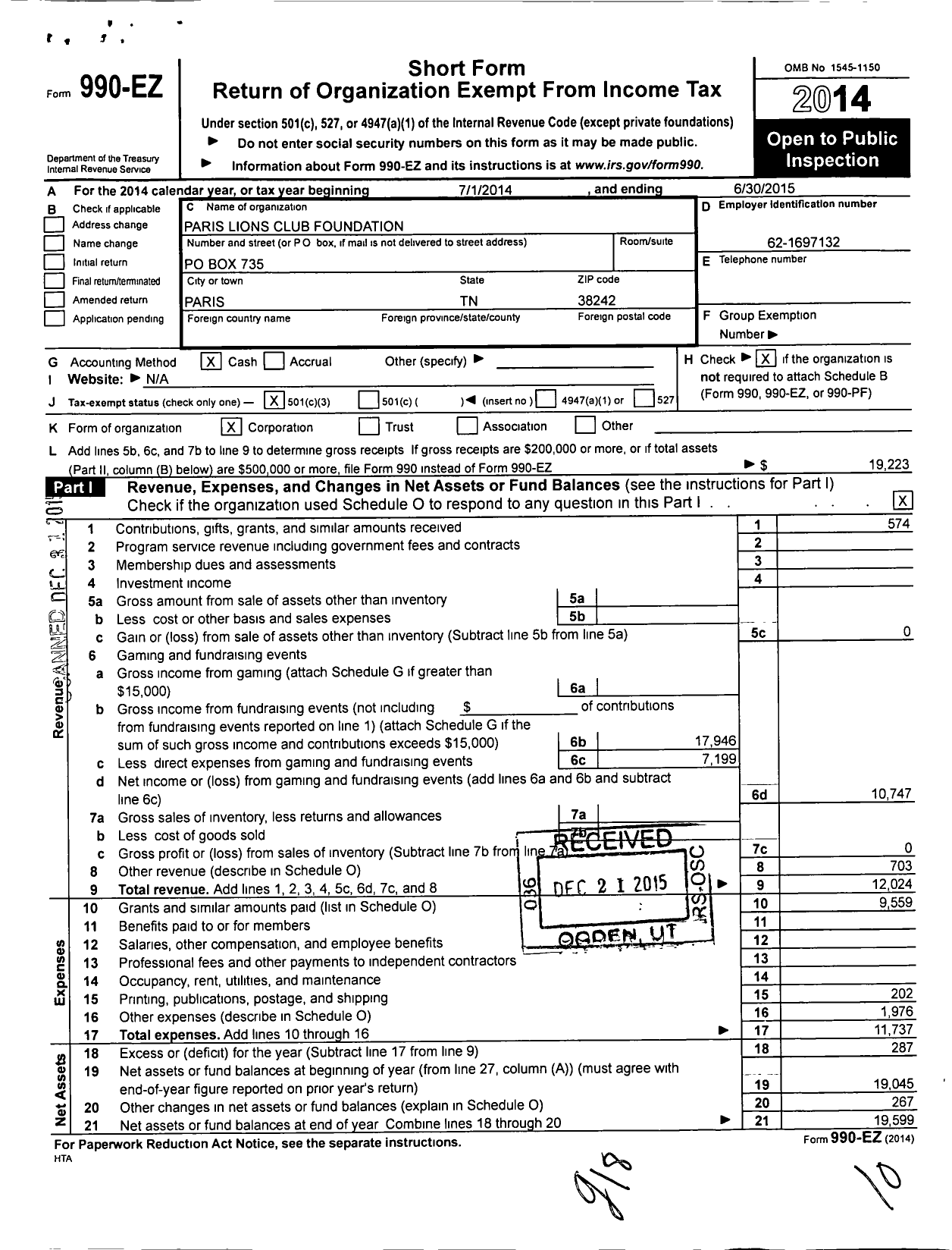 Image of first page of 2014 Form 990EZ for Paris Lions Foundation