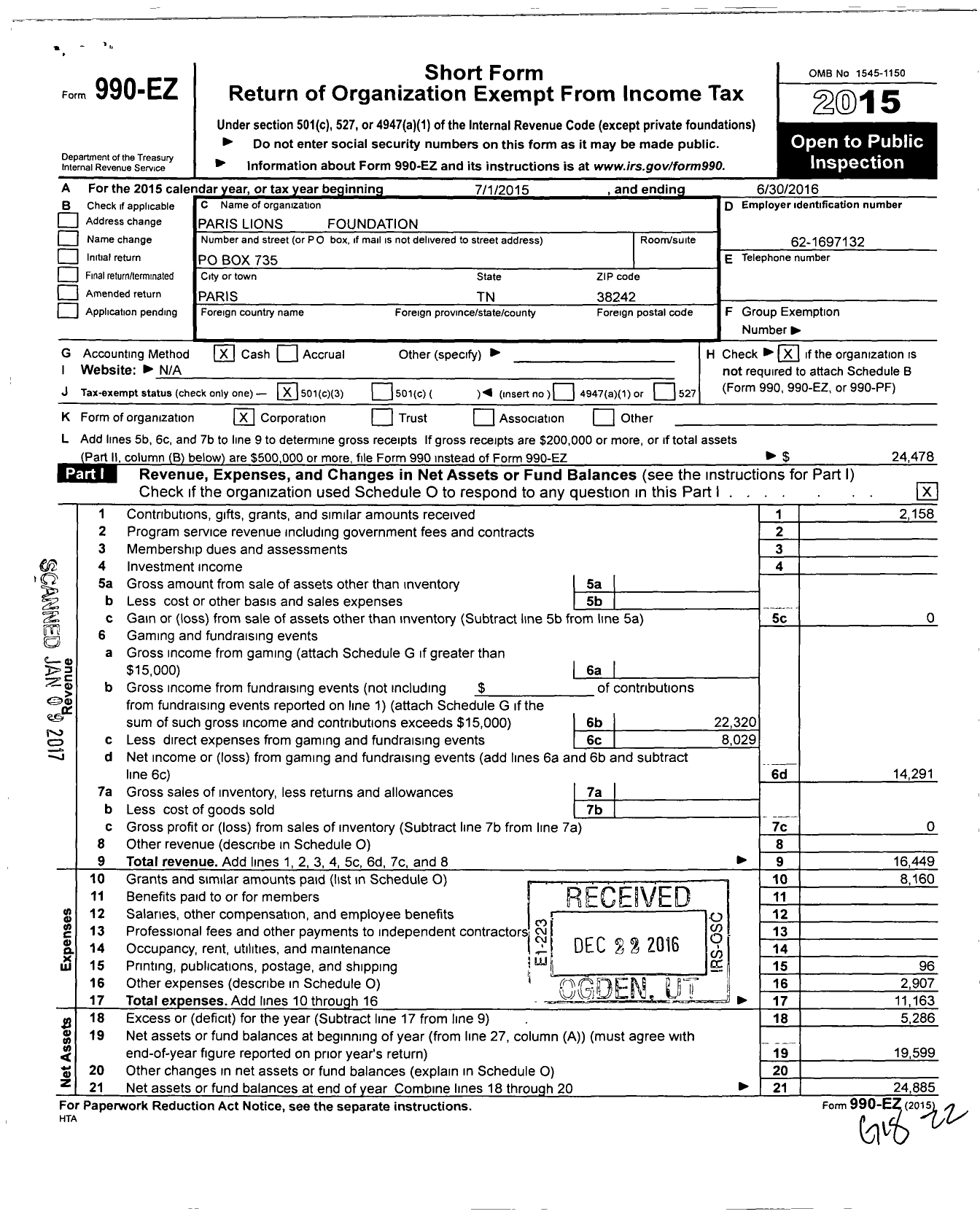 Image of first page of 2015 Form 990EZ for Paris Lions Foundation