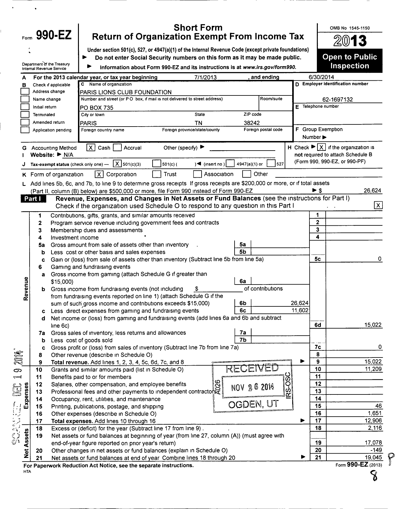 Image of first page of 2013 Form 990EZ for Paris Lions Foundation