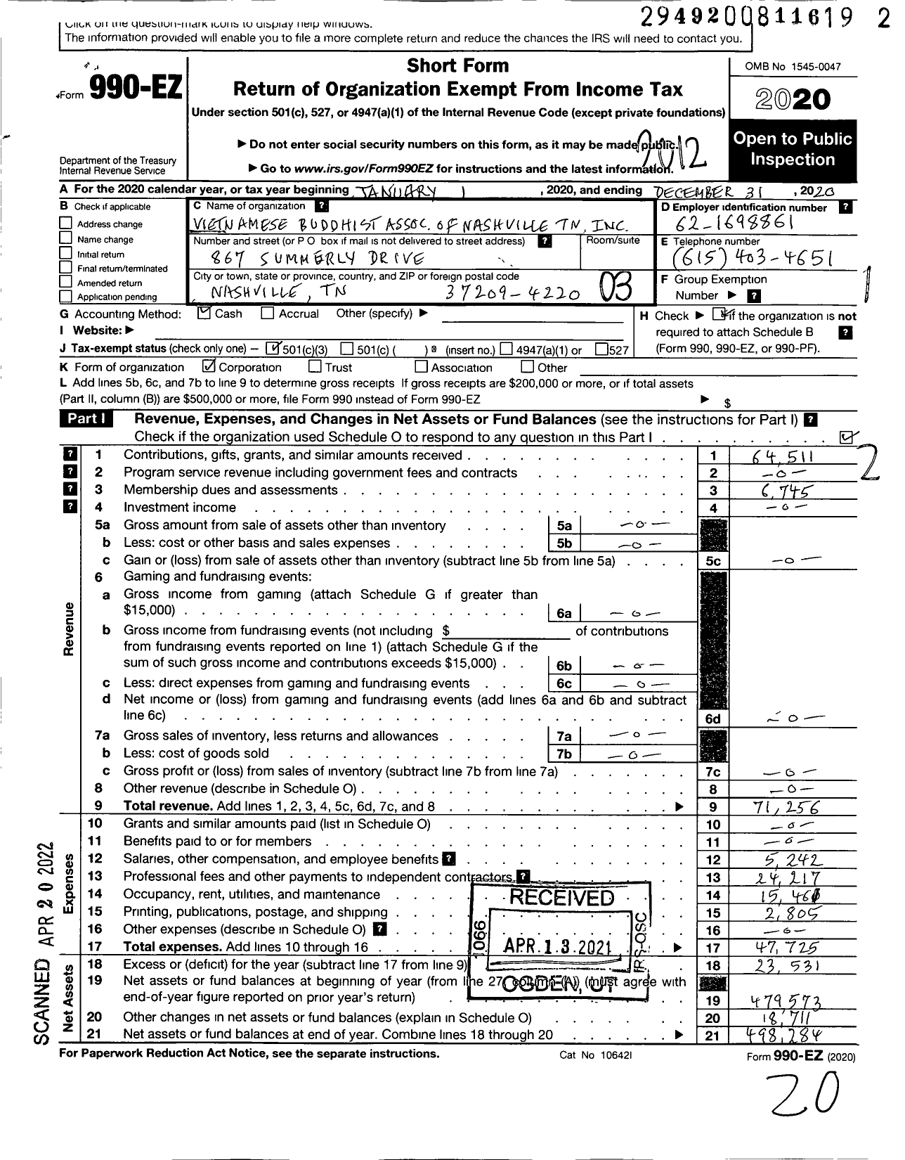 Image of first page of 2020 Form 990EZ for Vietnamese Buddhist Association of Nashville TN