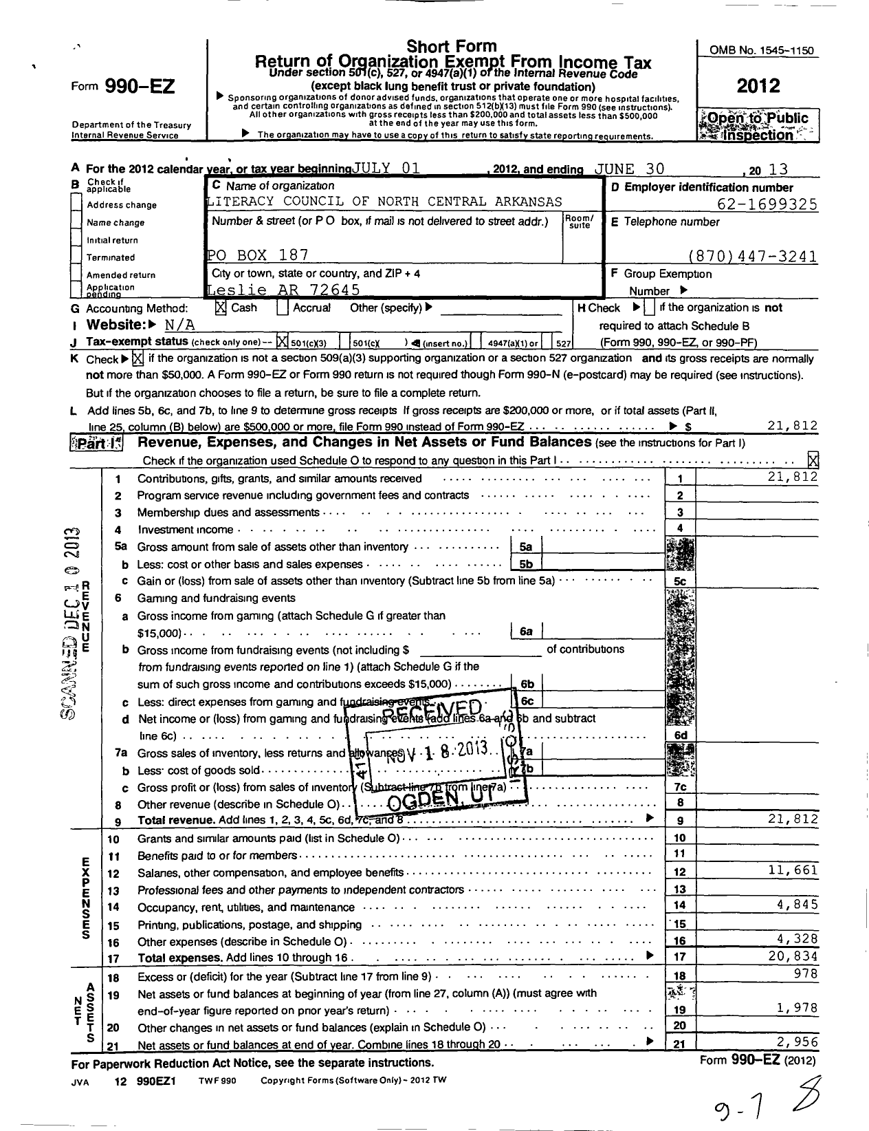 Image of first page of 2012 Form 990EZ for Literacy Council of North Central Arkansas