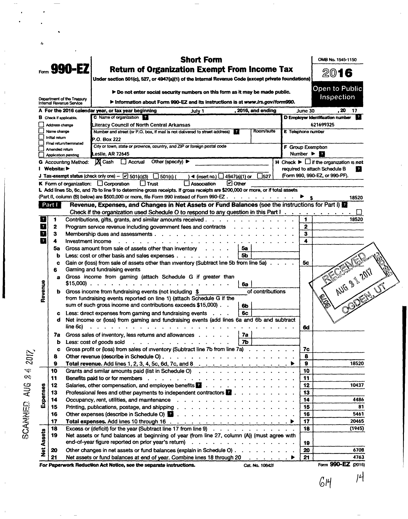 Image of first page of 2016 Form 990EZ for Literacy Council of North Central Arkansas