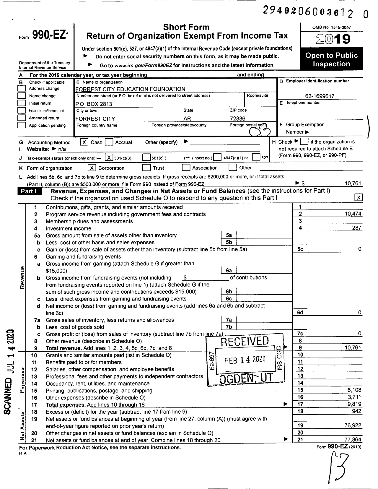 Image of first page of 2019 Form 990EZ for Forrest City Education Foundation