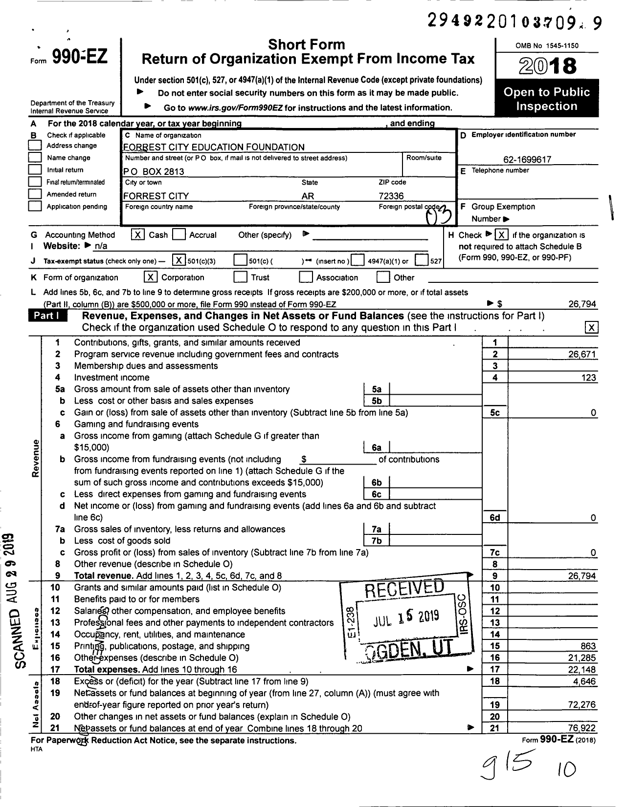 Image of first page of 2018 Form 990EZ for Forrest City Education Foundation