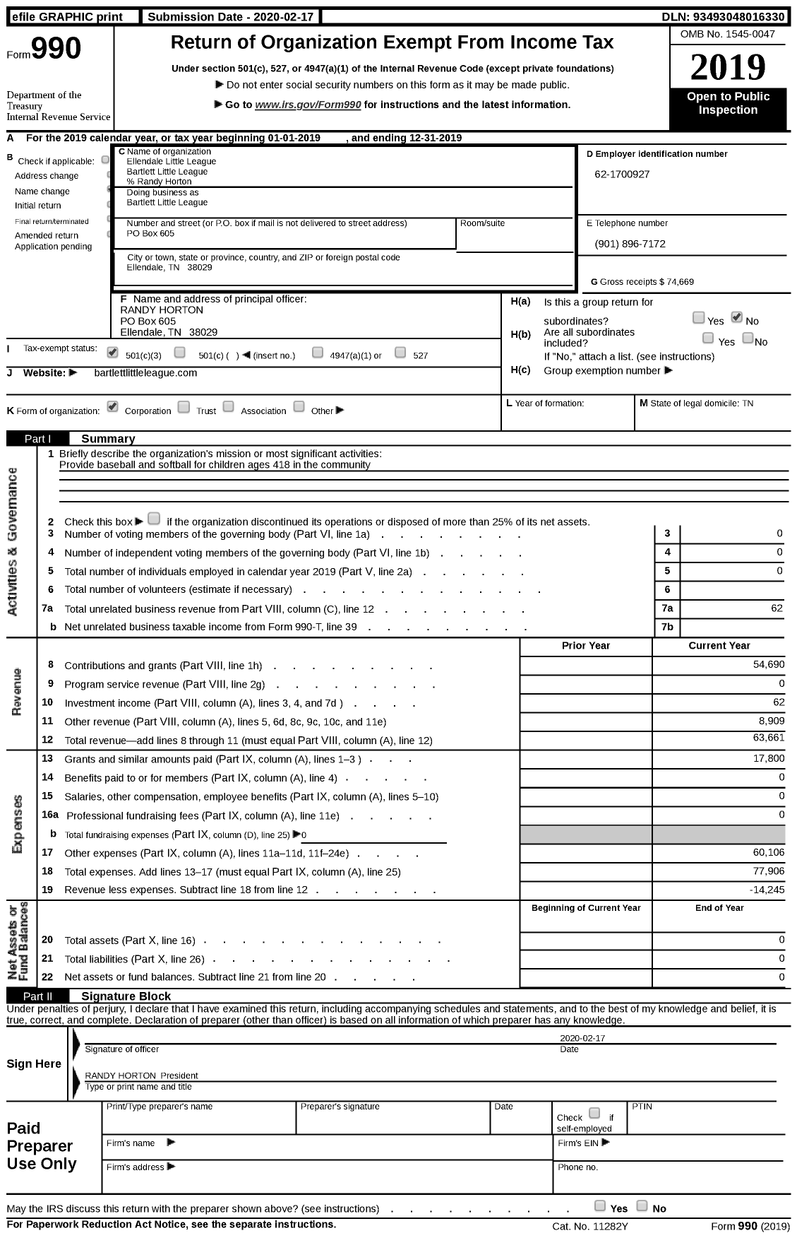 Image of first page of 2019 Form 990 for Little League Baseball - 3420123 Bartlett LL