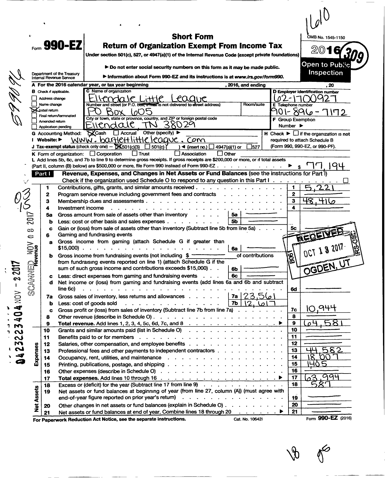 Image of first page of 2015 Form 990EZ for Little League Baseball - 3420123 Bartlett LL