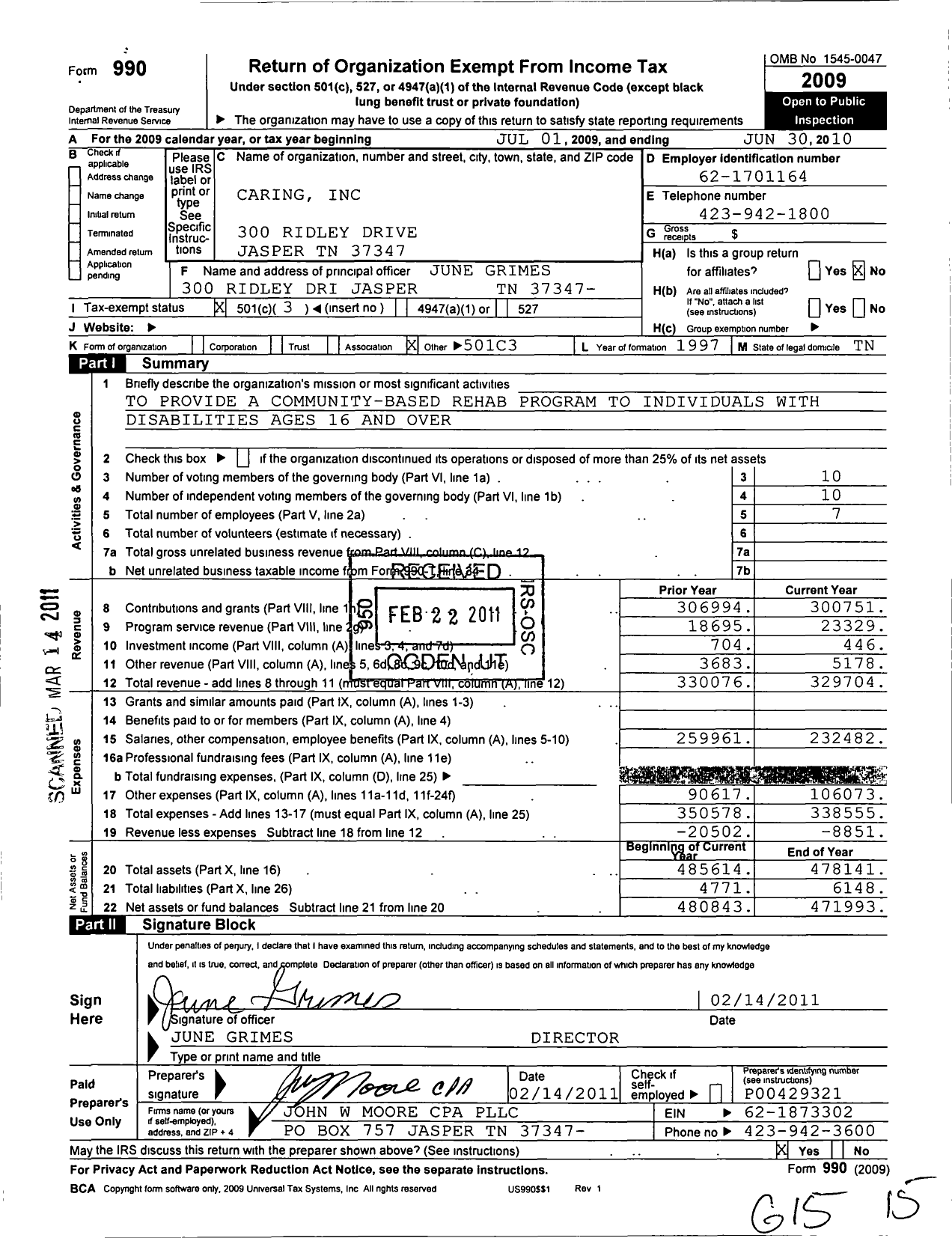 Image of first page of 2009 Form 990 for Caring