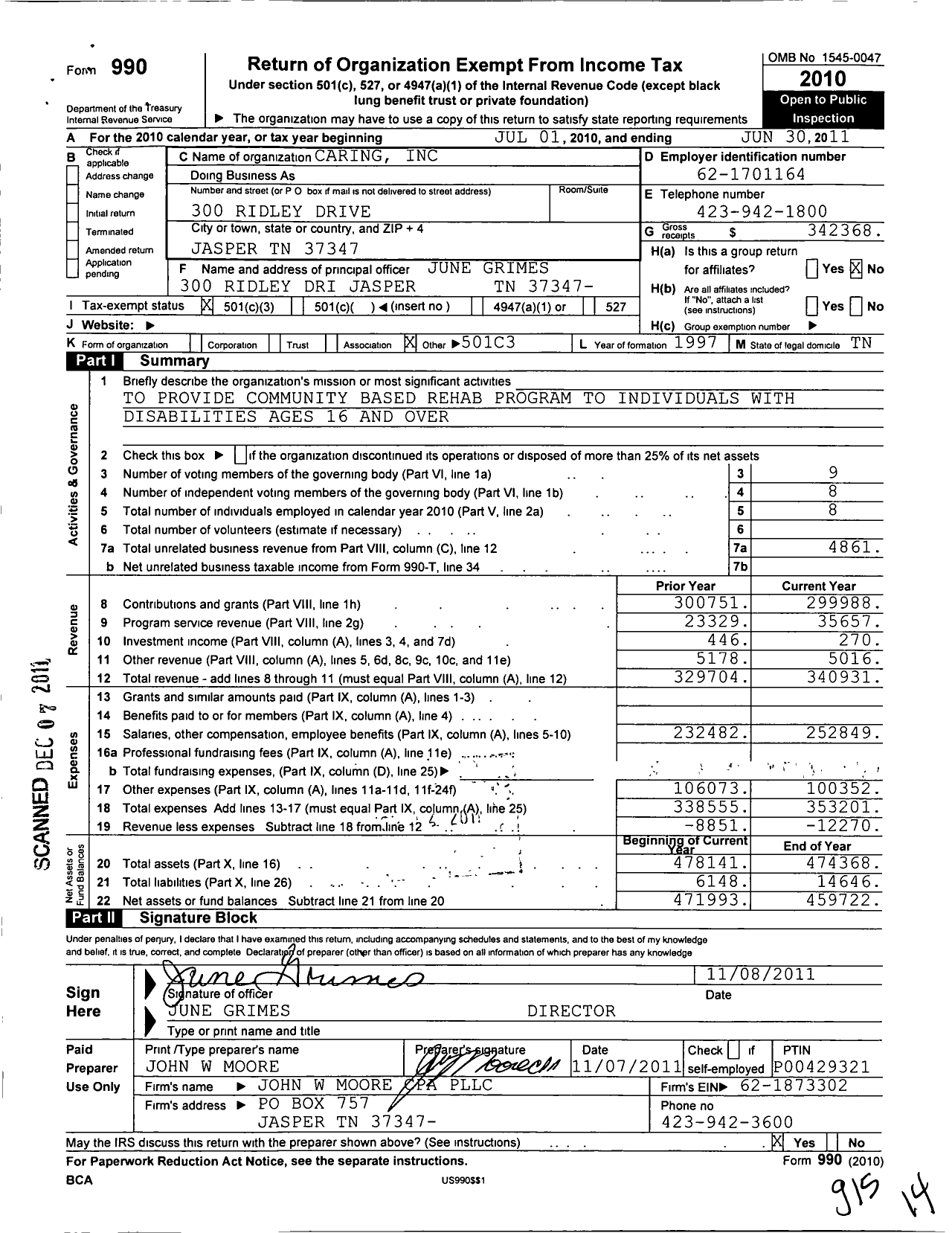 Image of first page of 2010 Form 990 for Caring