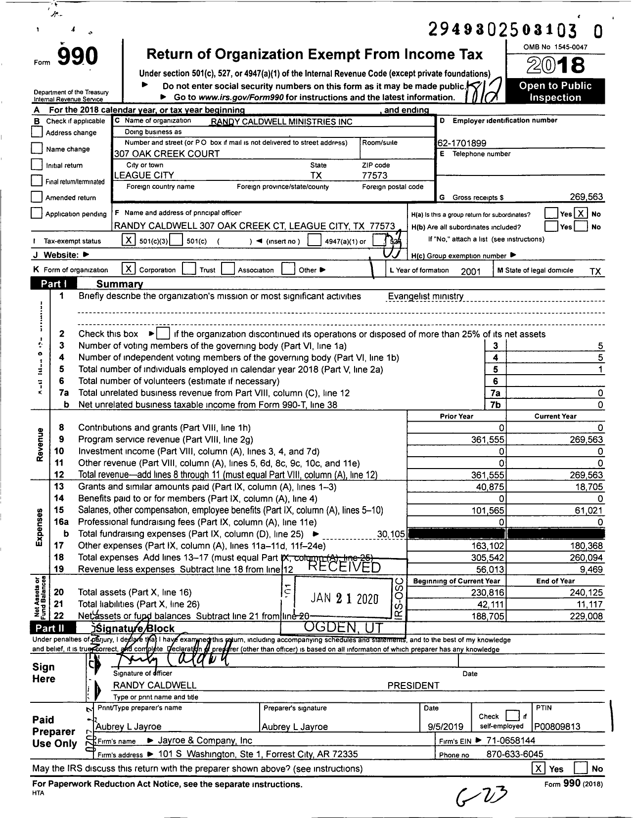 Image of first page of 2018 Form 990 for Randy Caldwell Ministries