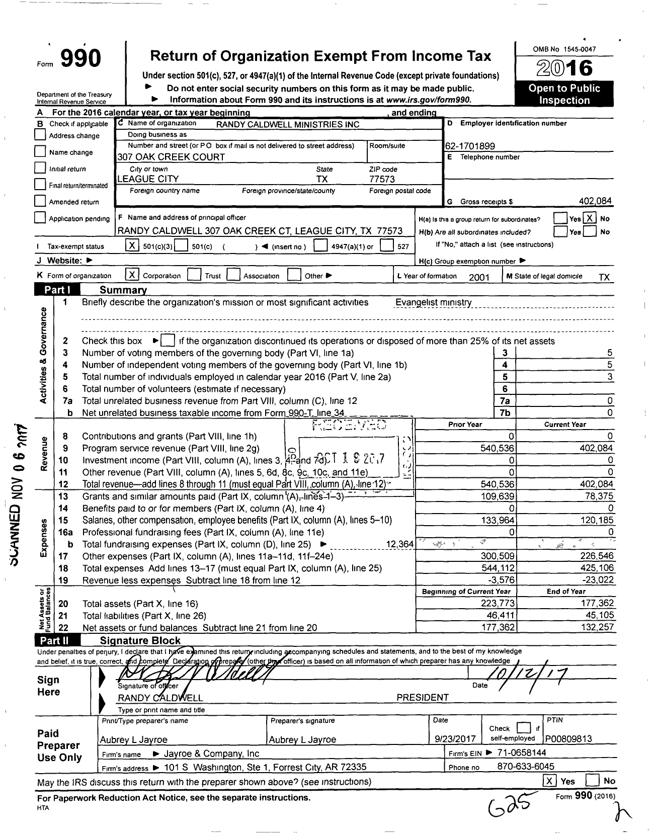 Image of first page of 2016 Form 990 for Randy Caldwell Ministries