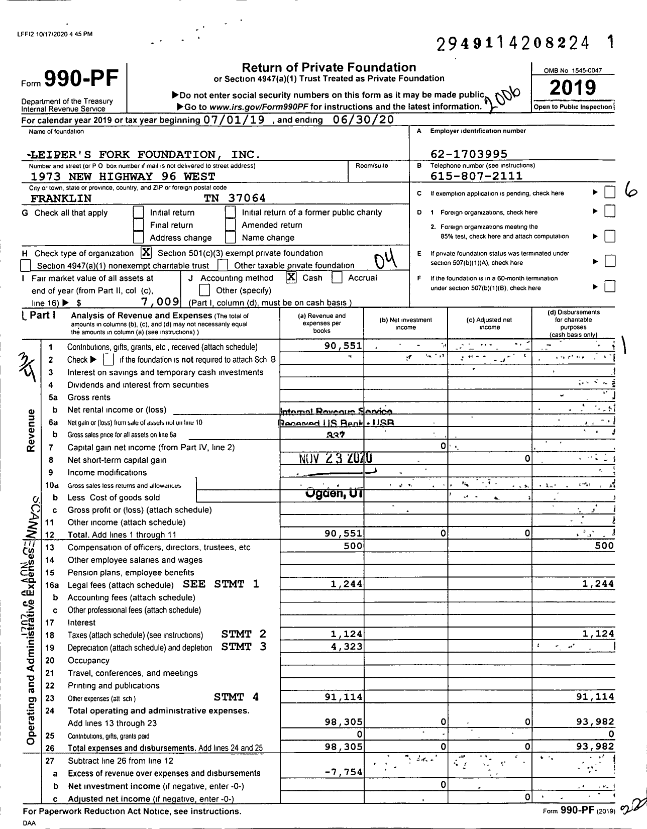 Image of first page of 2019 Form 990PF for Leiper's Fork Foundation