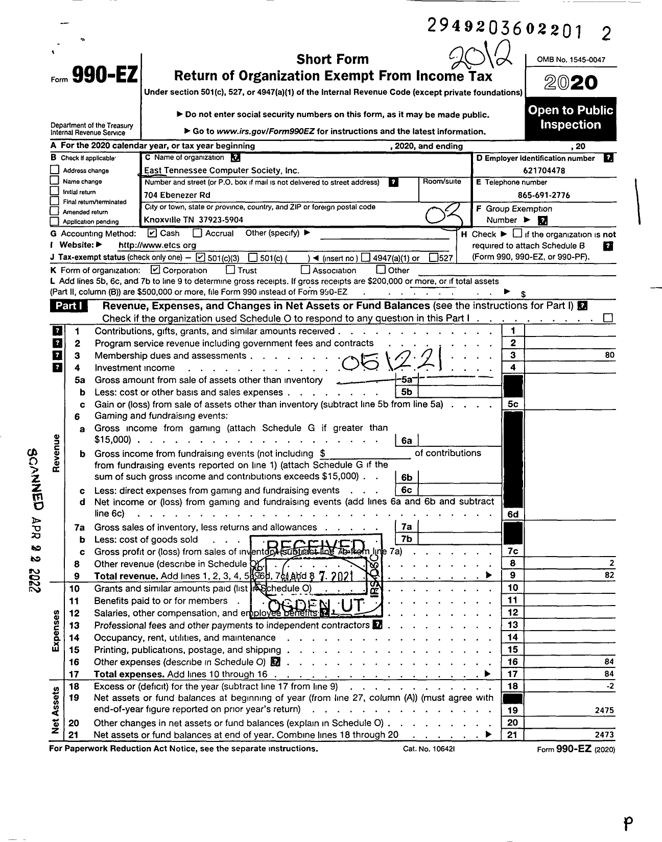 Image of first page of 2020 Form 990EZ for East Tennessee Computer Society