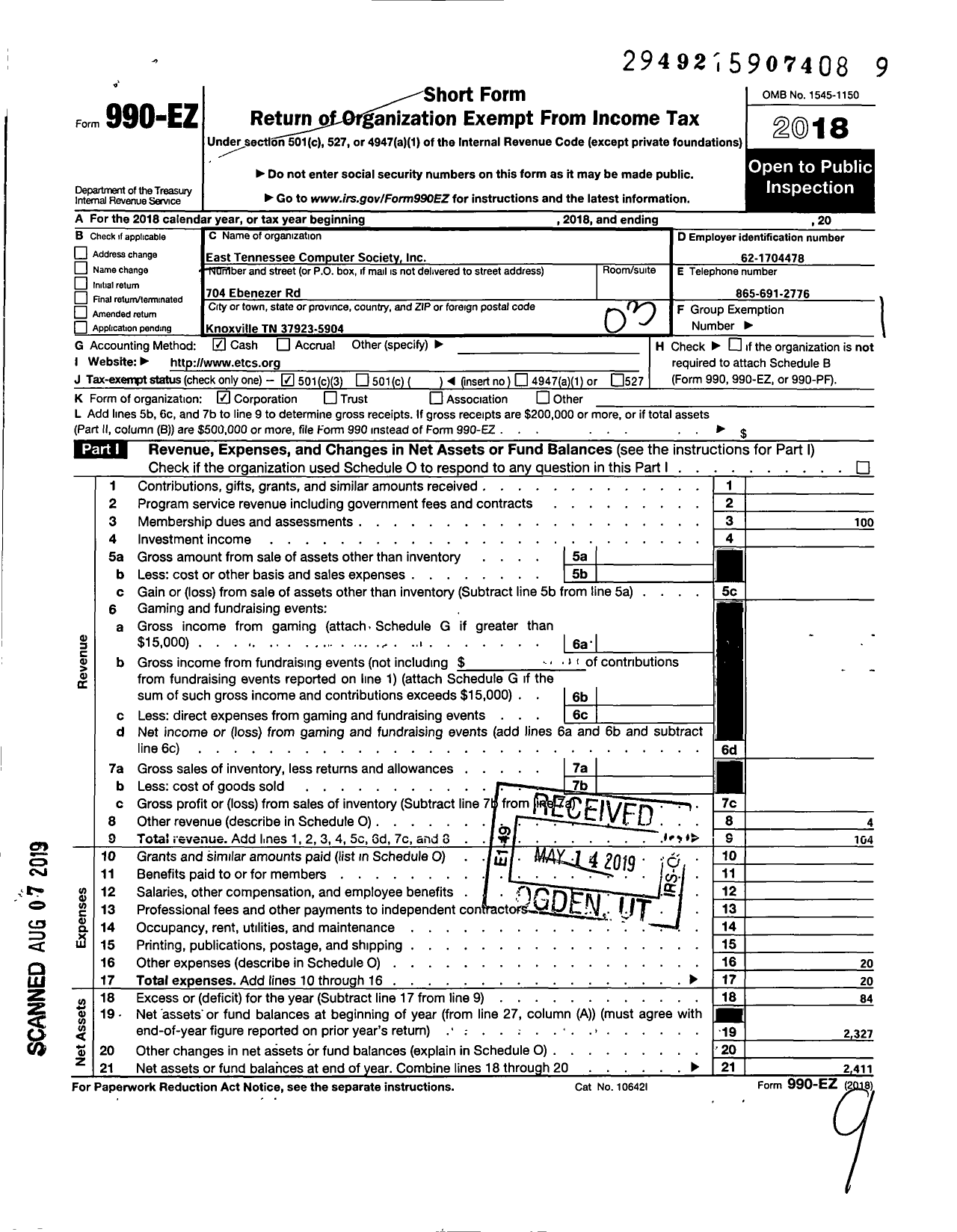 Image of first page of 2018 Form 990EZ for East Tennessee Computer Society