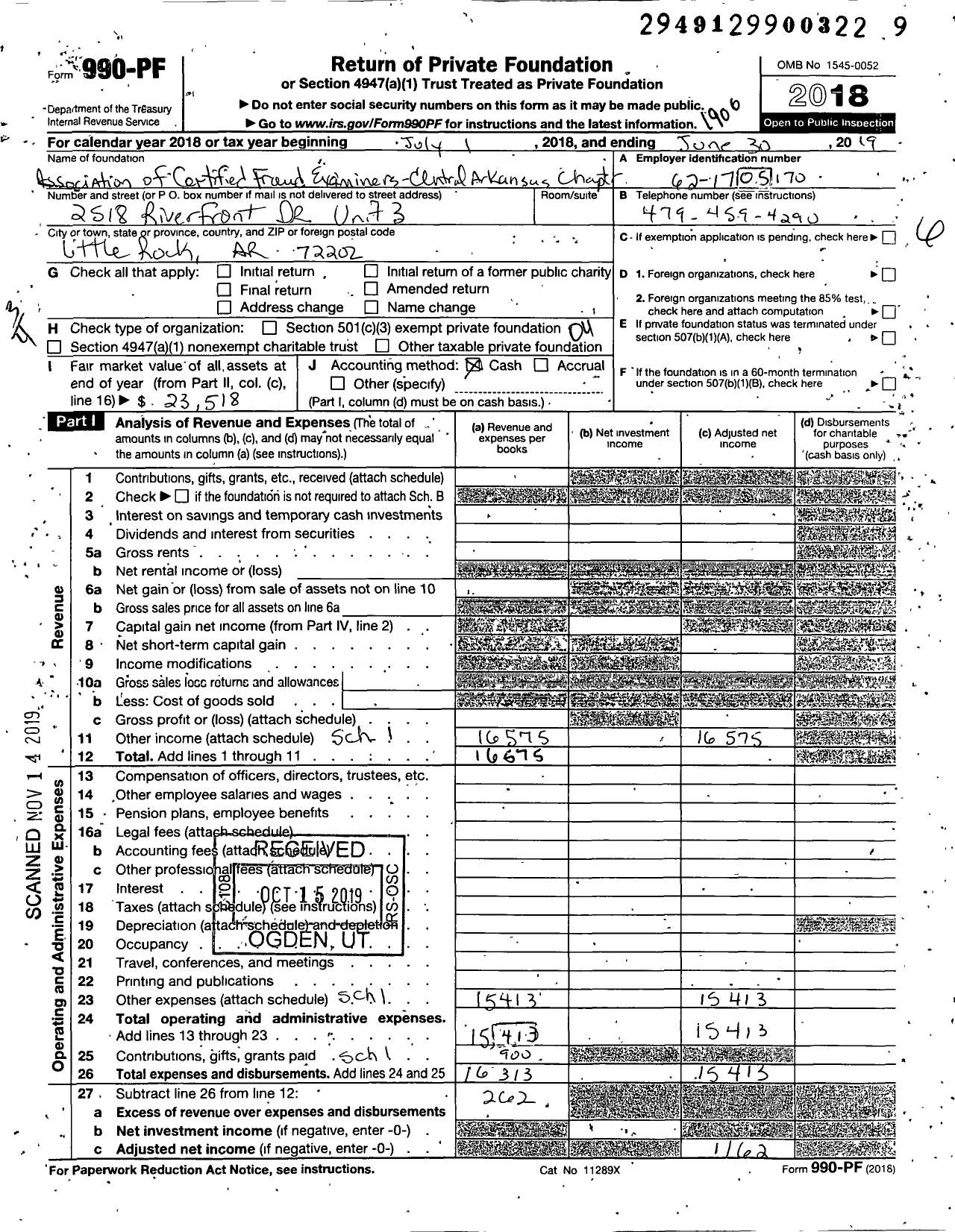 Image of first page of 2018 Form 990PF for Association of Certified Fraud Examiners Central Arkansas Chapter