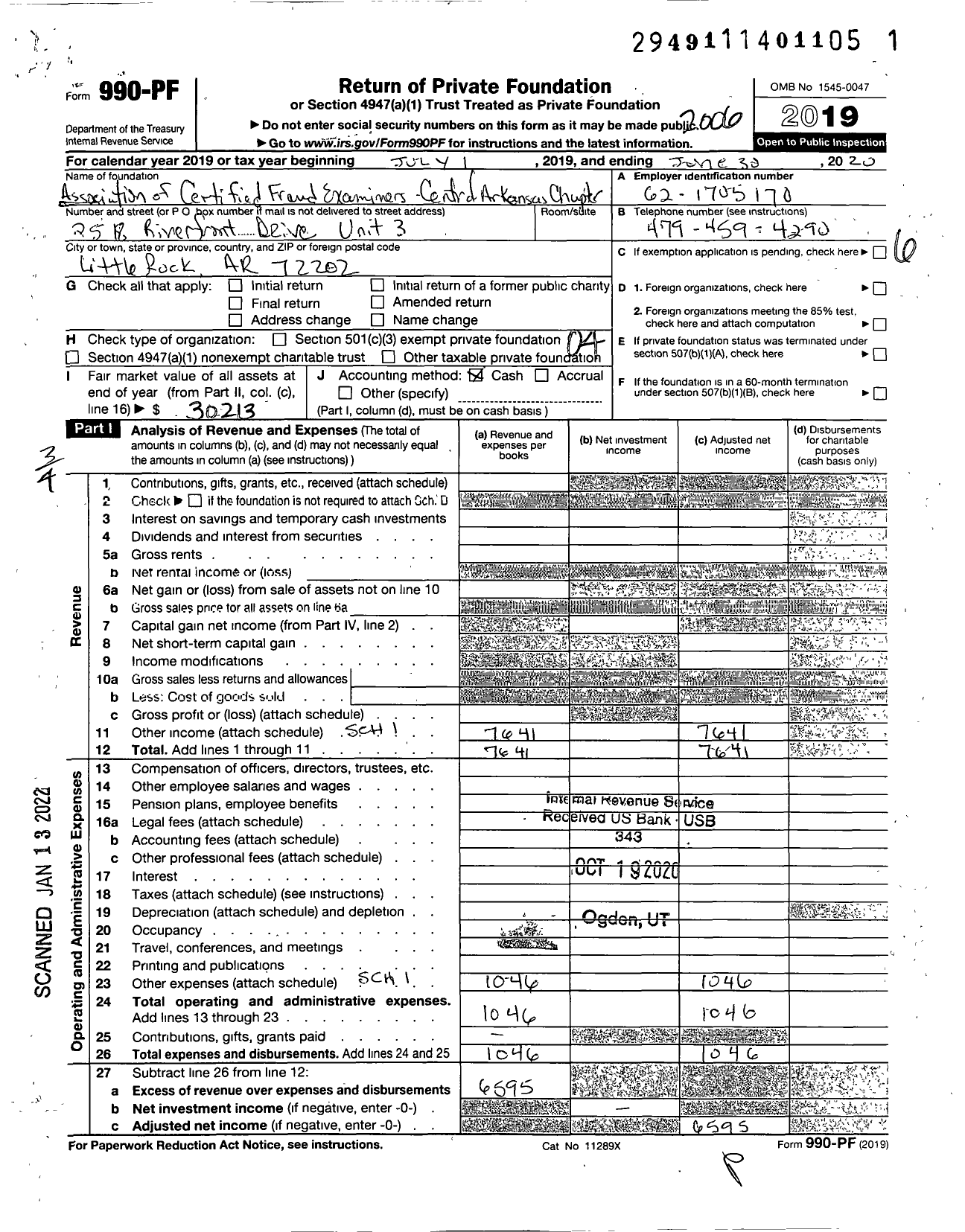 Image of first page of 2019 Form 990PF for Association of Certified Fraud Examiners Central Arkansas Chapter