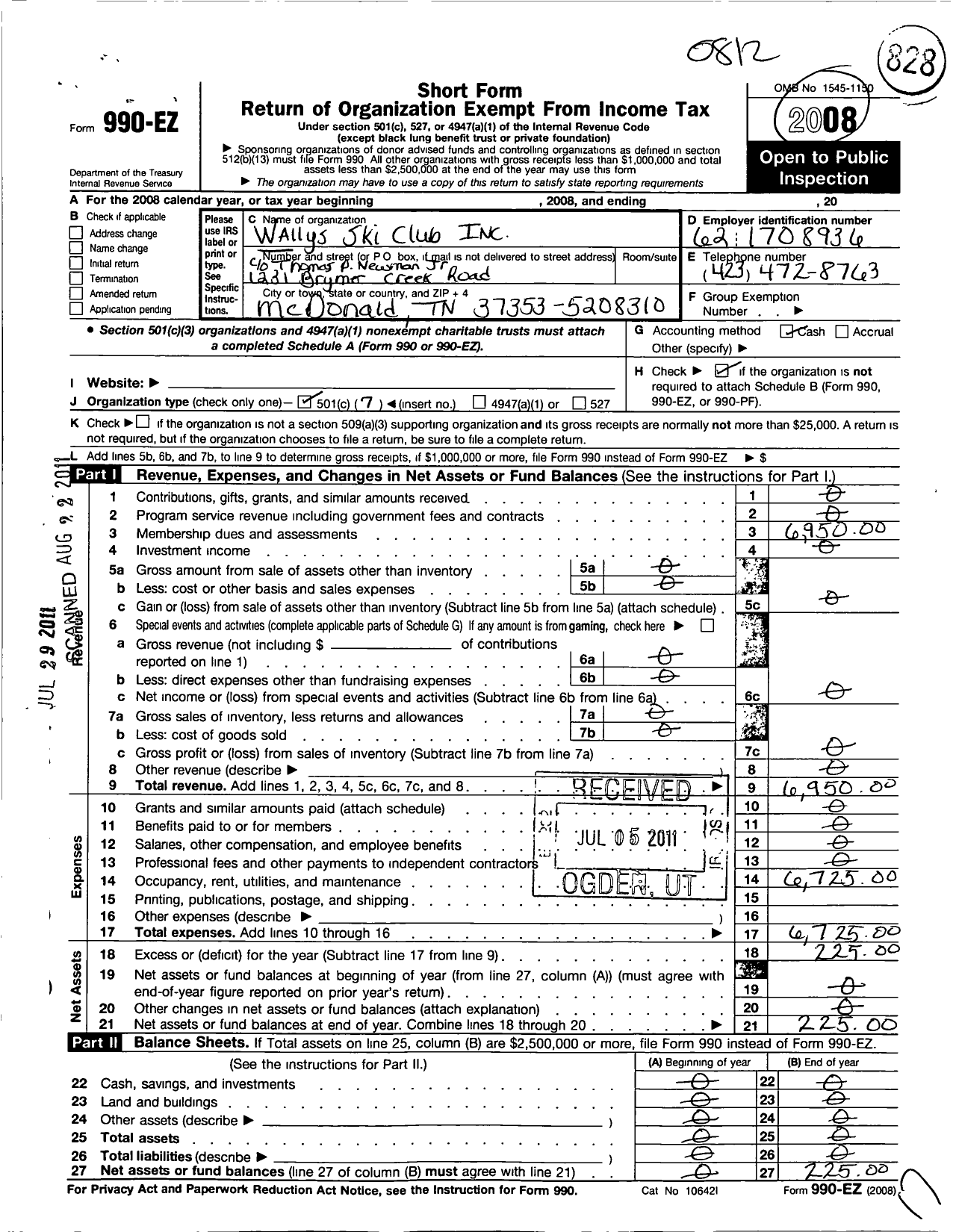 Image of first page of 2008 Form 990EO for Wallys Ski Club