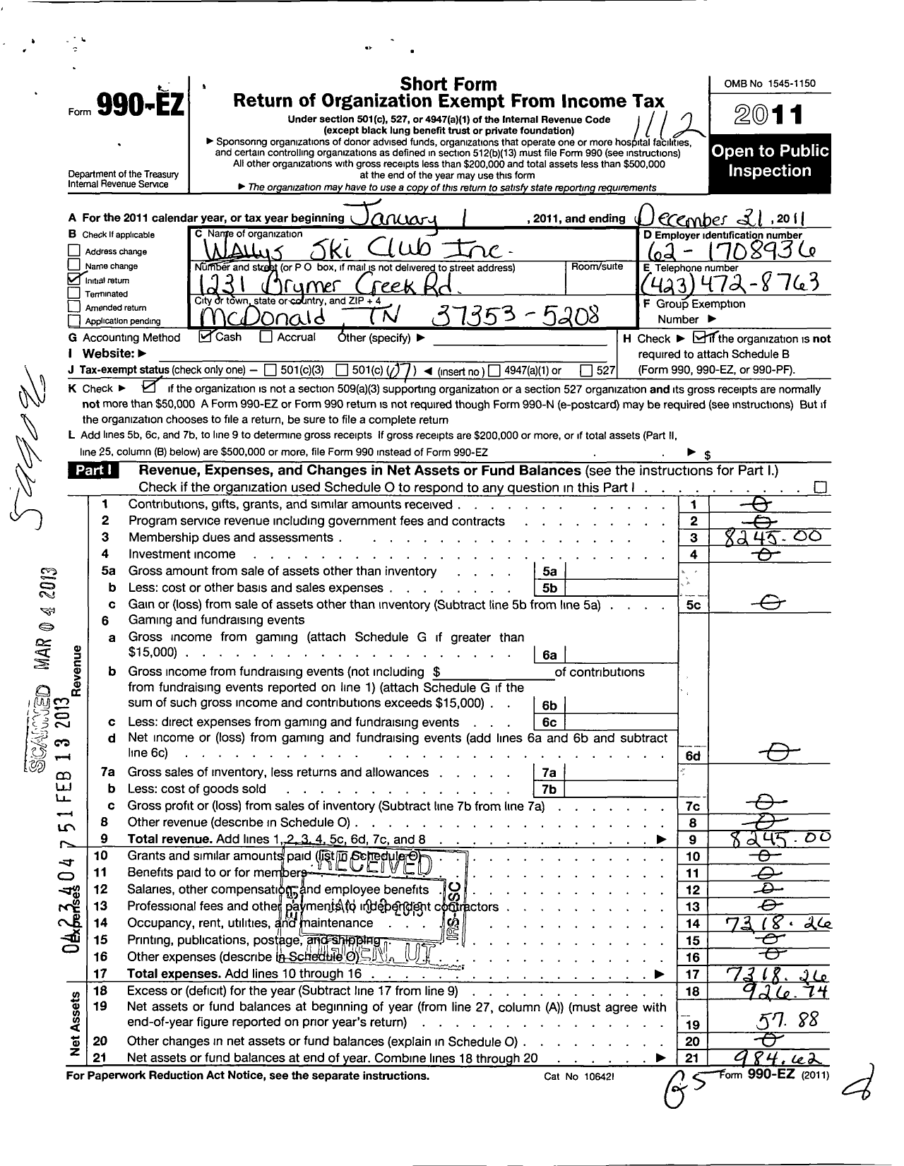 Image of first page of 2011 Form 990EO for Wallys Ski Club