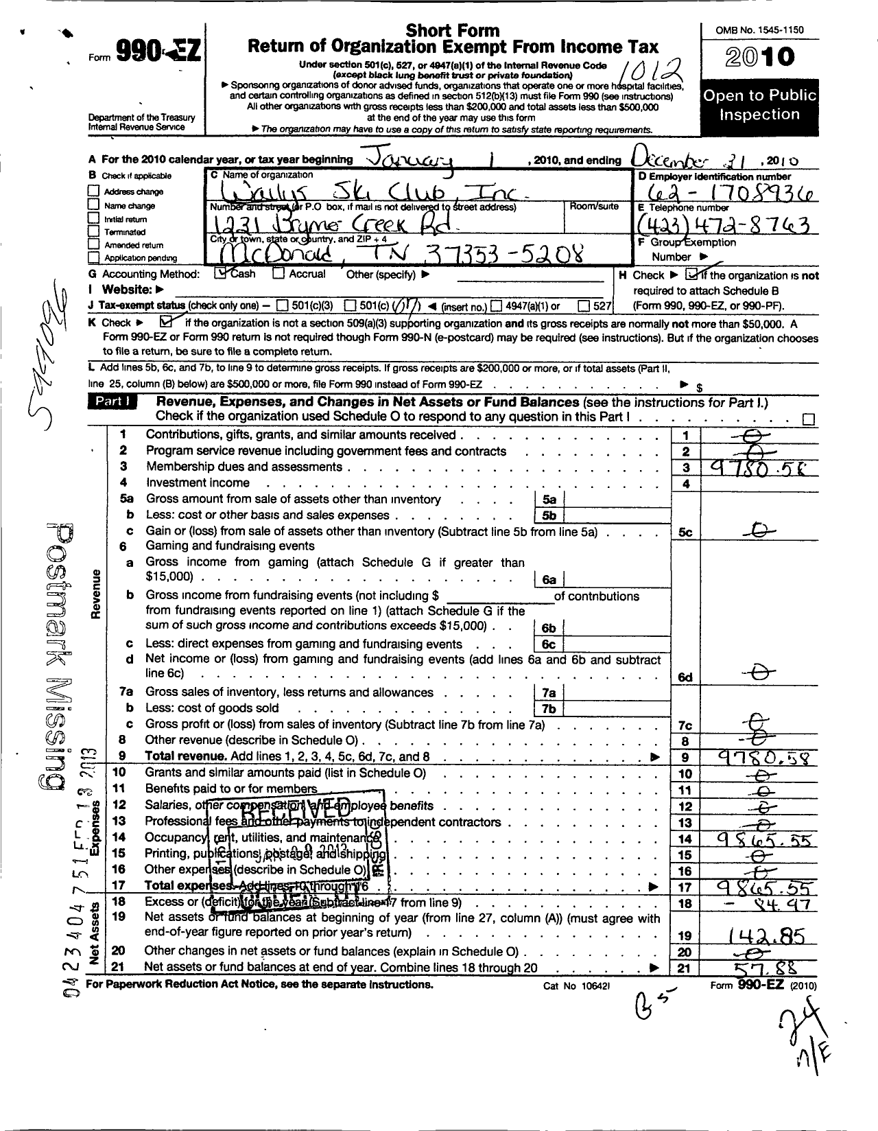 Image of first page of 2010 Form 990EO for Wallys Ski Club