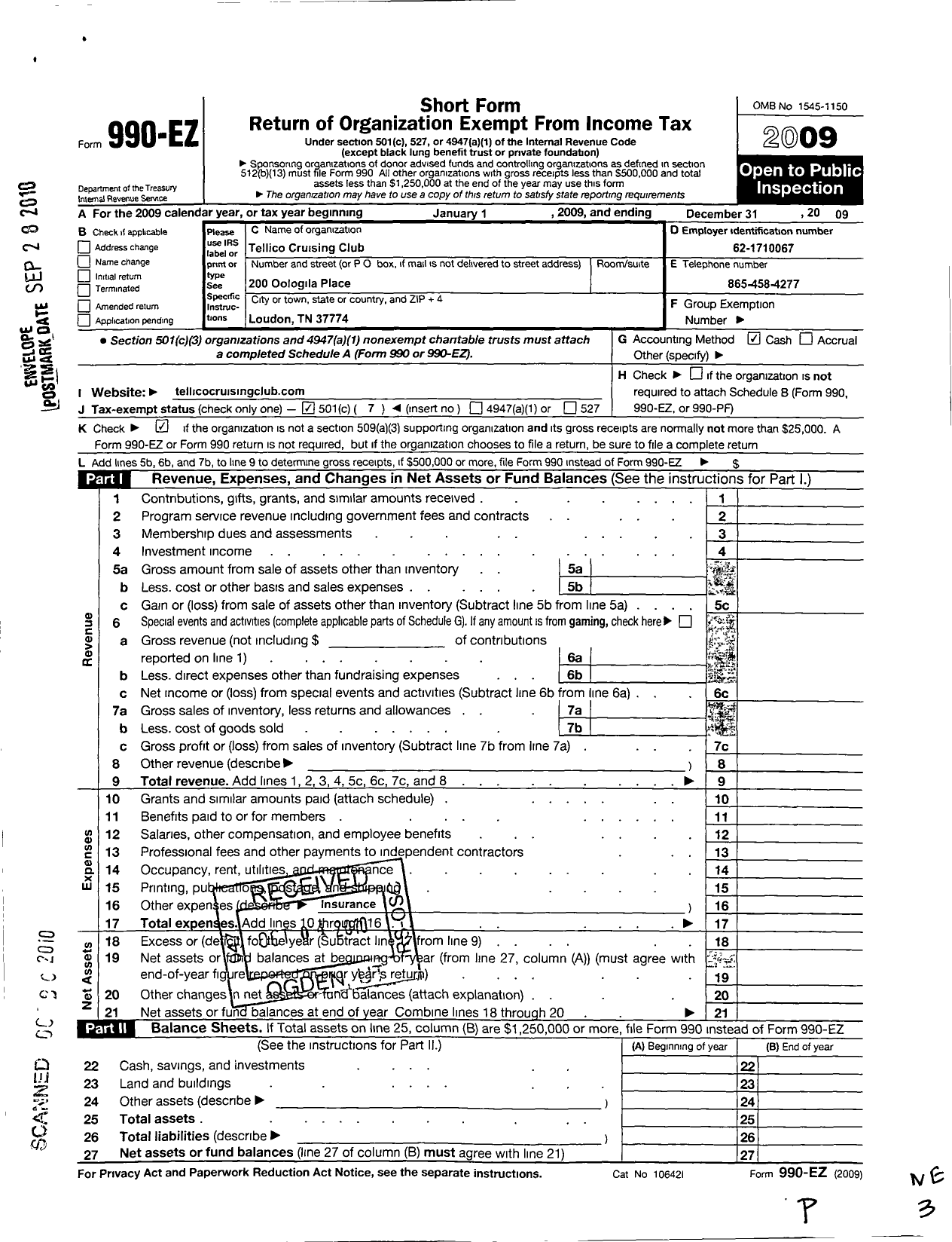 Image of first page of 2009 Form 990EO for Tellico Cruising Club