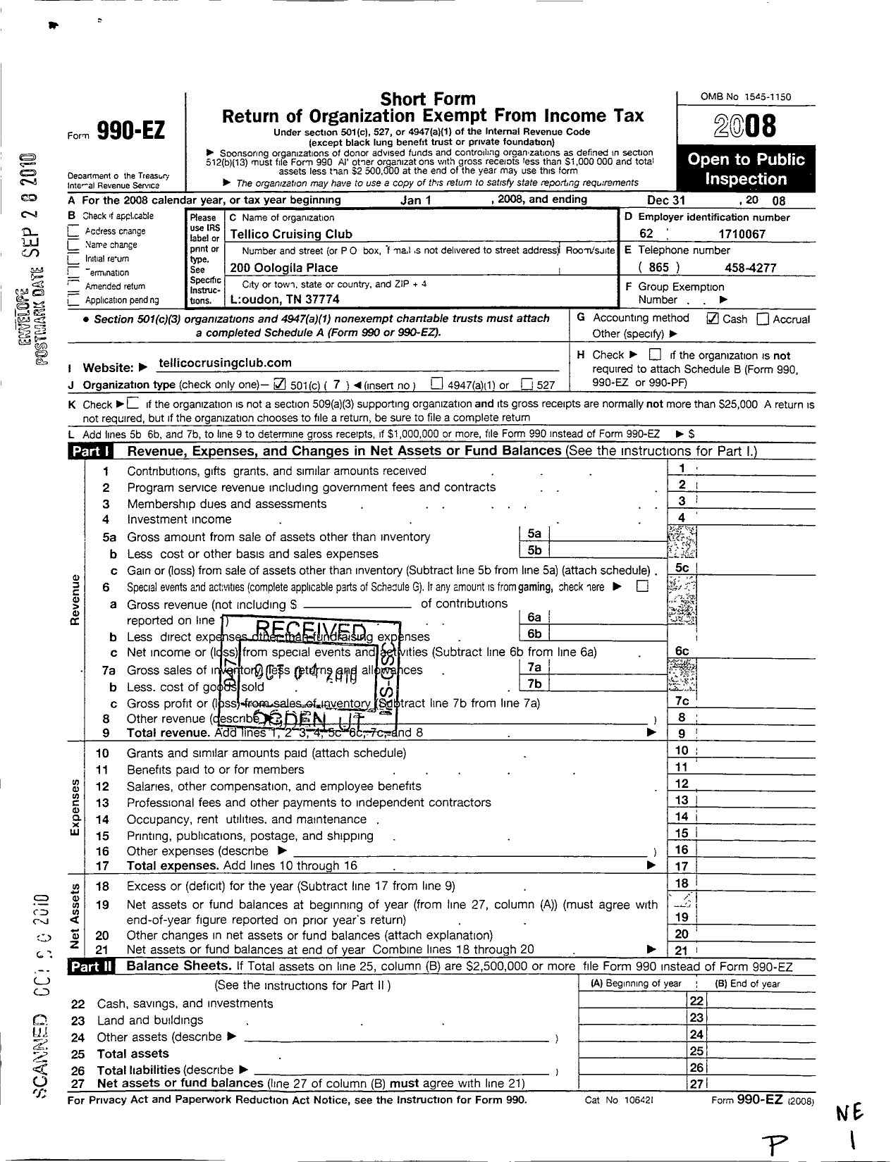 Image of first page of 2008 Form 990EO for Tellico Cruising Club