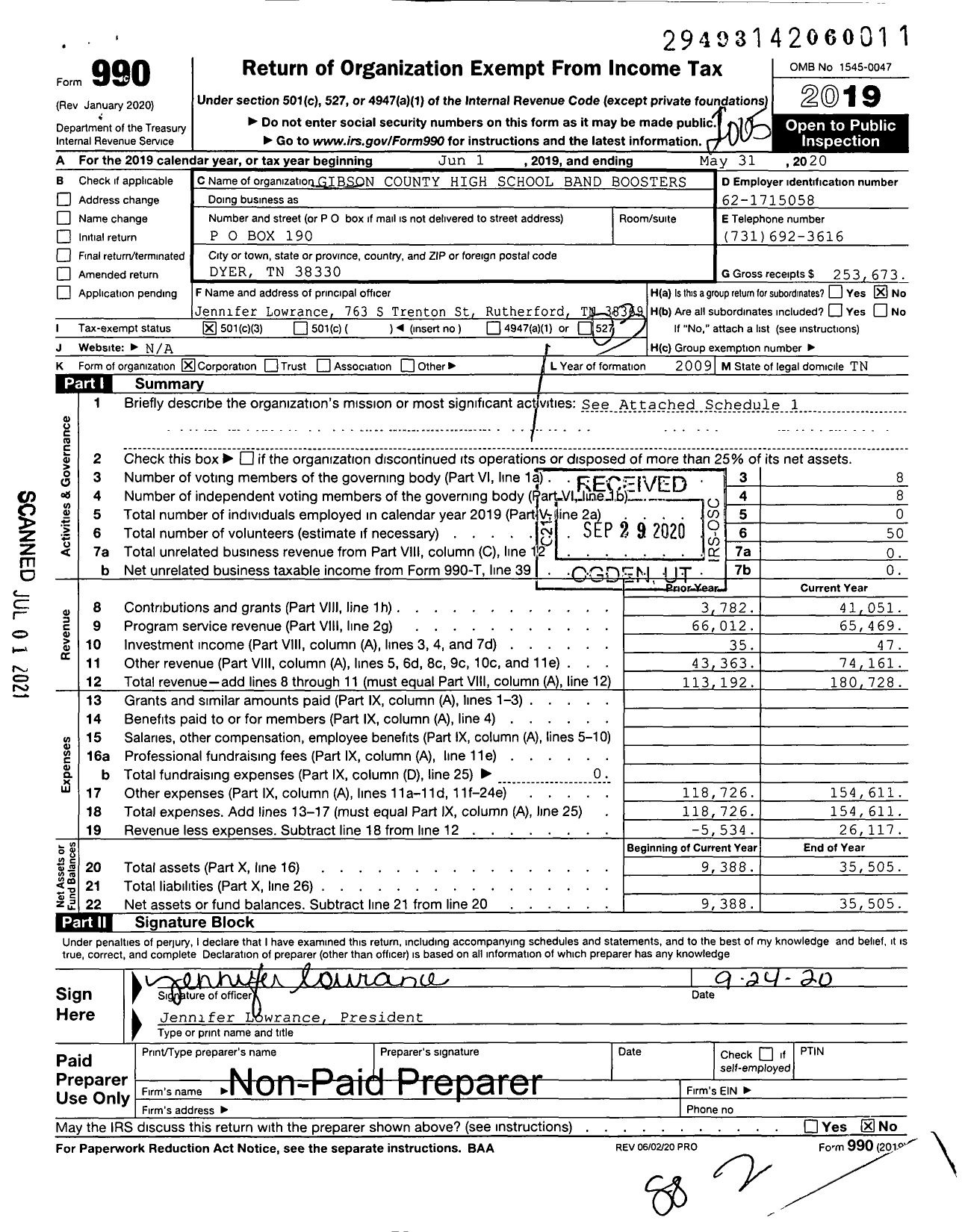 Image of first page of 2019 Form 990 for Gibson County High School Band Boosters