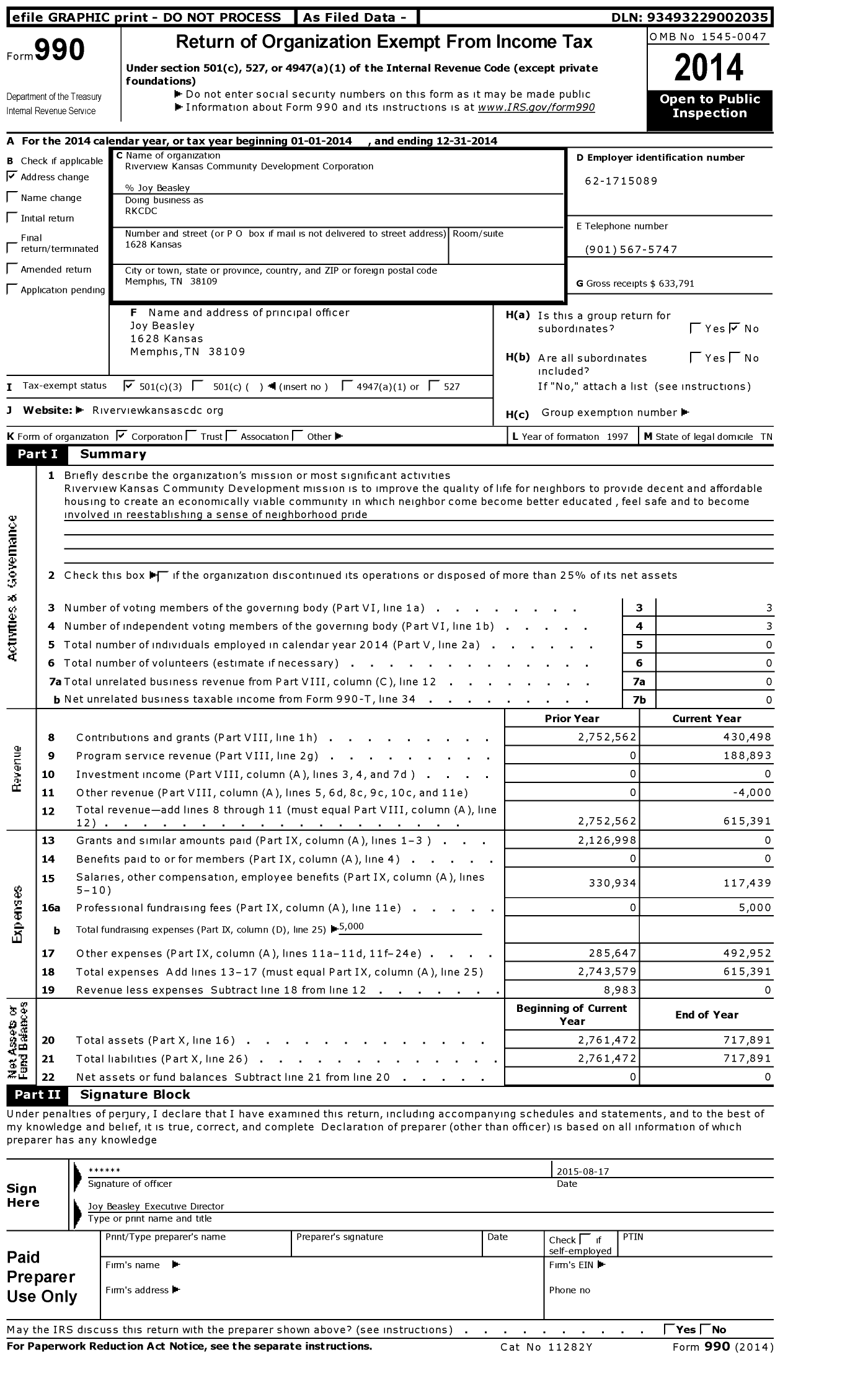 Image of first page of 2014 Form 990 for Riverview-Kansas Community Development Corporation (RKCDC)