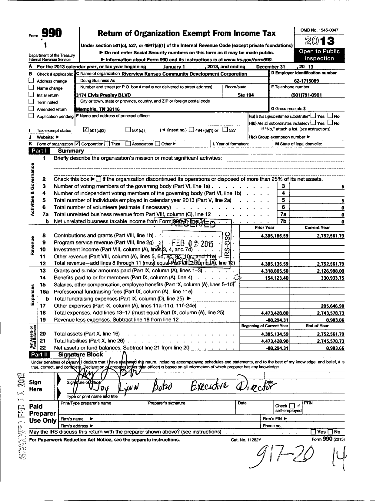 Image of first page of 2013 Form 990 for Riverview-Kansas Community Development Corporation (RKCDC)