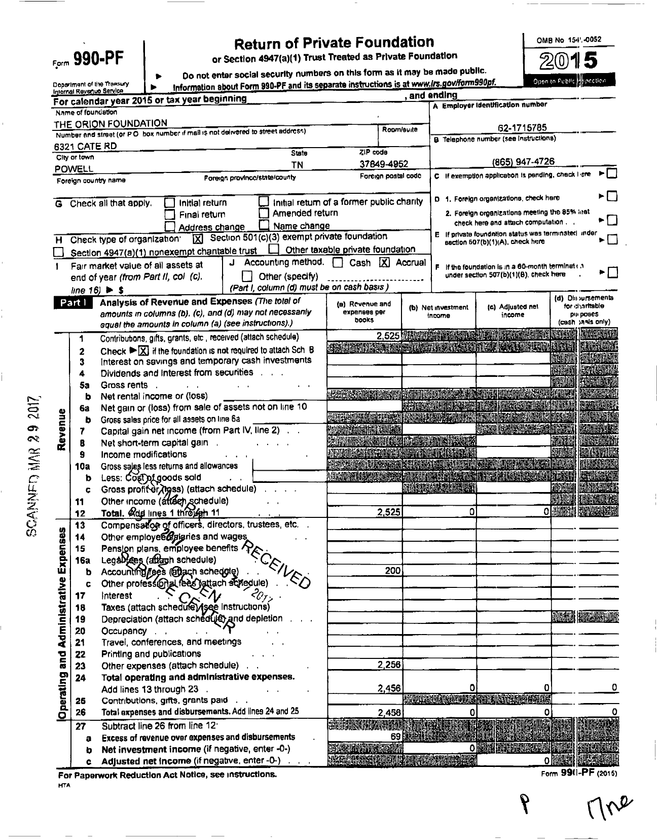 Image of first page of 2015 Form 990PF for The Orion Foundation