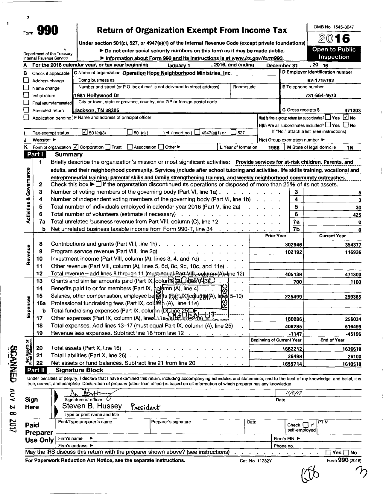 Image of first page of 2016 Form 990 for The Hope Center of Jackson