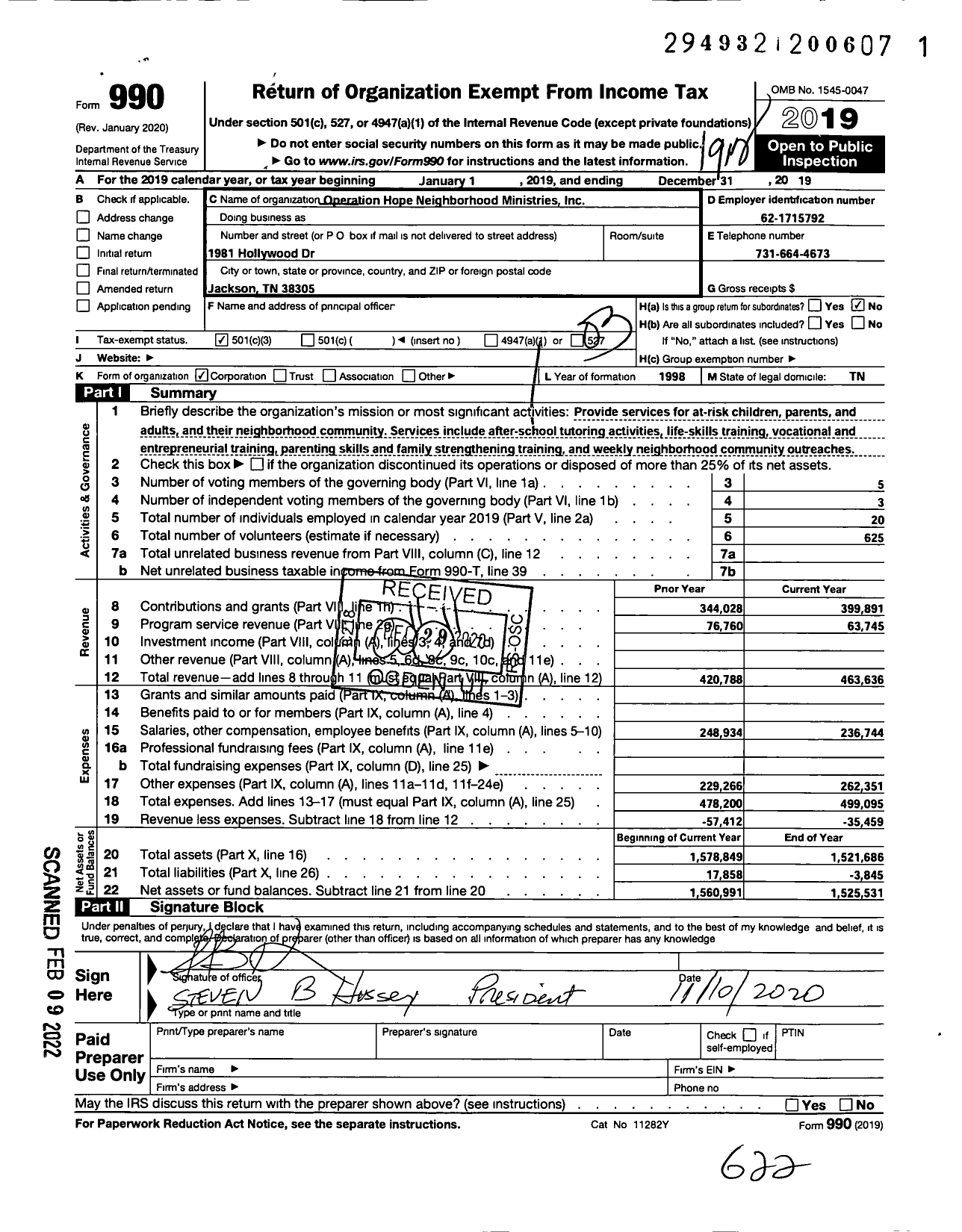 Image of first page of 2019 Form 990 for The Hope Center of Jackson