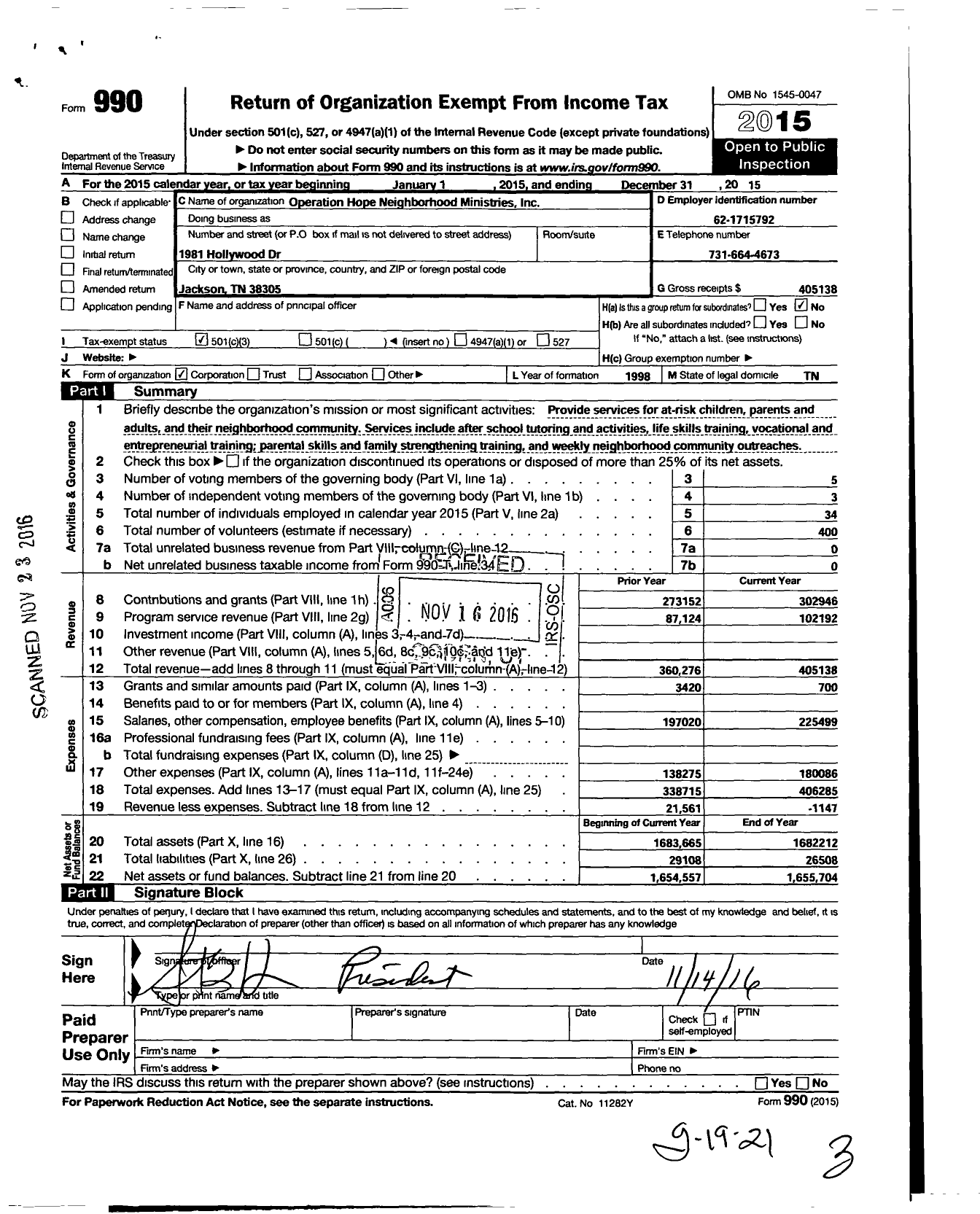 Image of first page of 2015 Form 990 for The Hope Center of Jackson