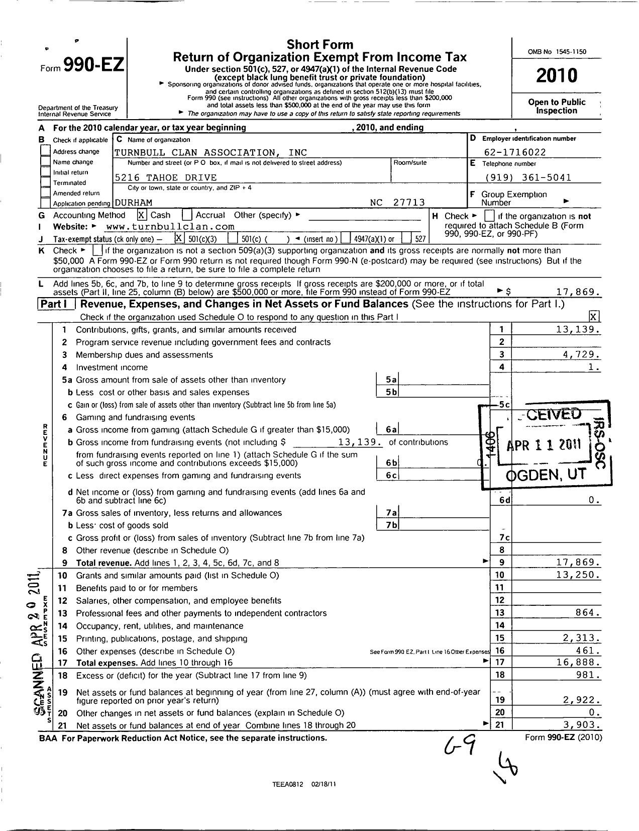 Image of first page of 2010 Form 990EZ for Turnbull Clan Association