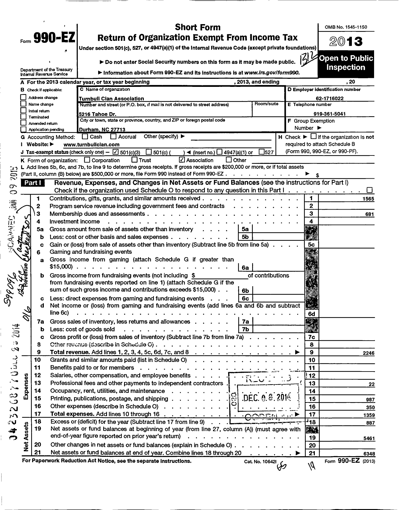 Image of first page of 2013 Form 990EZ for Turnbull Clan Association